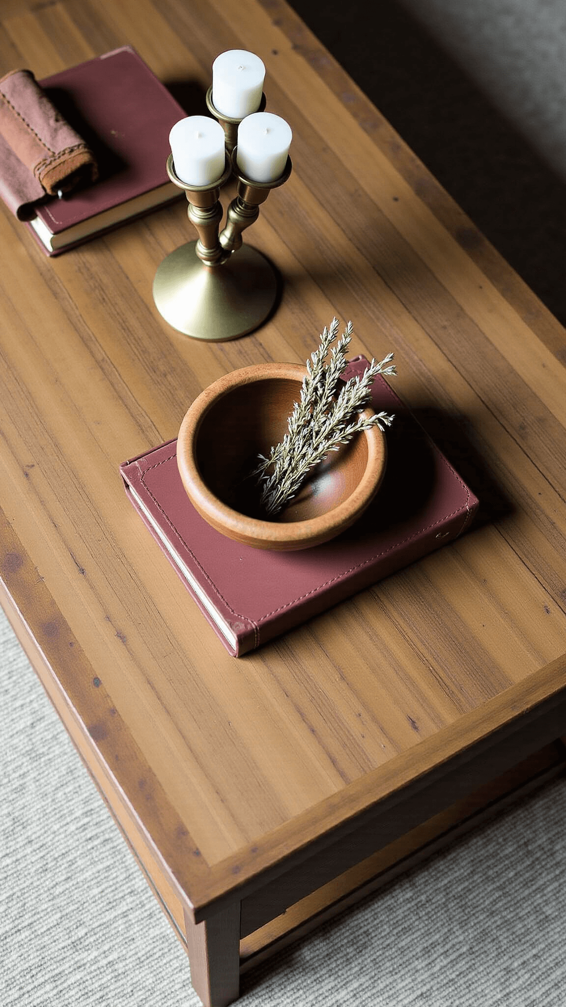 Vintage cabin coffee table styled with brass candlesticks, leather-bound books, ceramic vessel with dried botanicals on a weathered teak surface, under morning light creating long shadows.