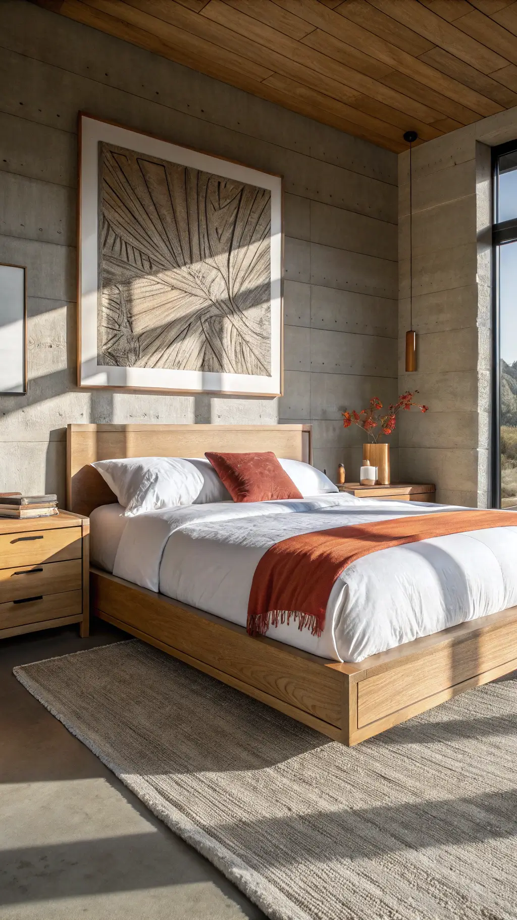 Minimalist oak platform bed in sunlit room with floating nightstands, white linen duvet, and rust-colored pillow, featuring strong shadows on textured wall.