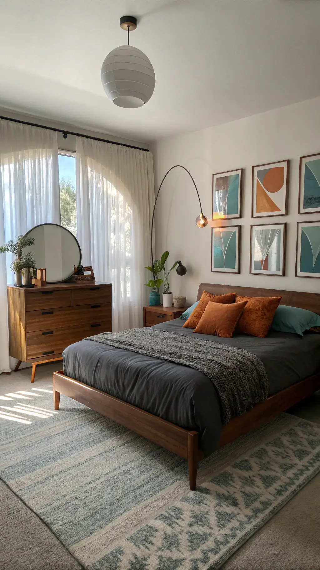 Cozy 12x14ft bedroom at dawn featuring a teak platform bed with charcoal linen and burnt orange pillows, a vintage teak dresser, brass floor lamp and geometric wall art, bathed in soft morning blue hour light.