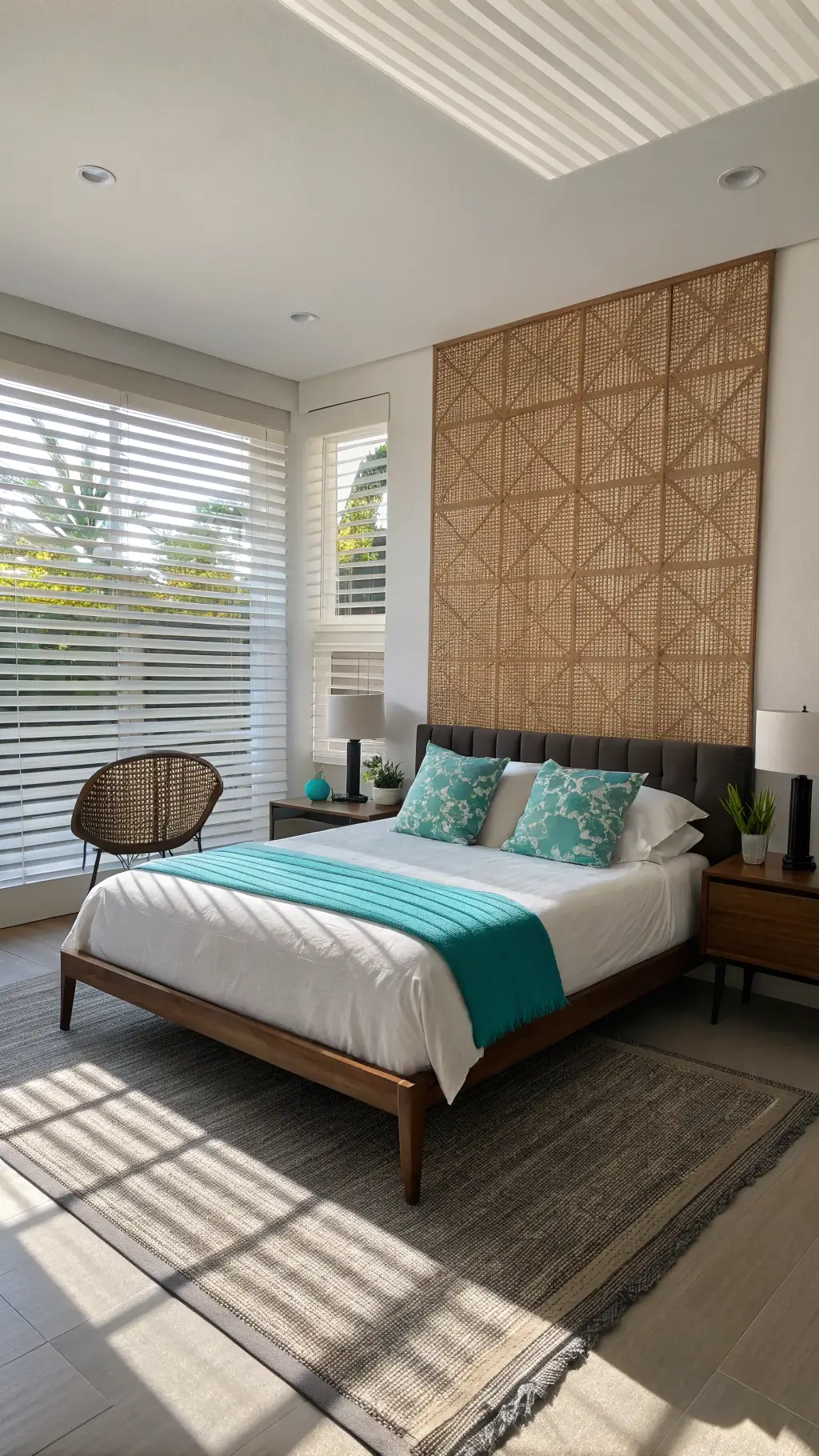Minimalist bedroom with black oak bed, white linens and teal pillows, floating nightstands, Eames chair in reading nook, bamboo blinds creating linear shadows, and handwoven wall tapestry in neutral tones.