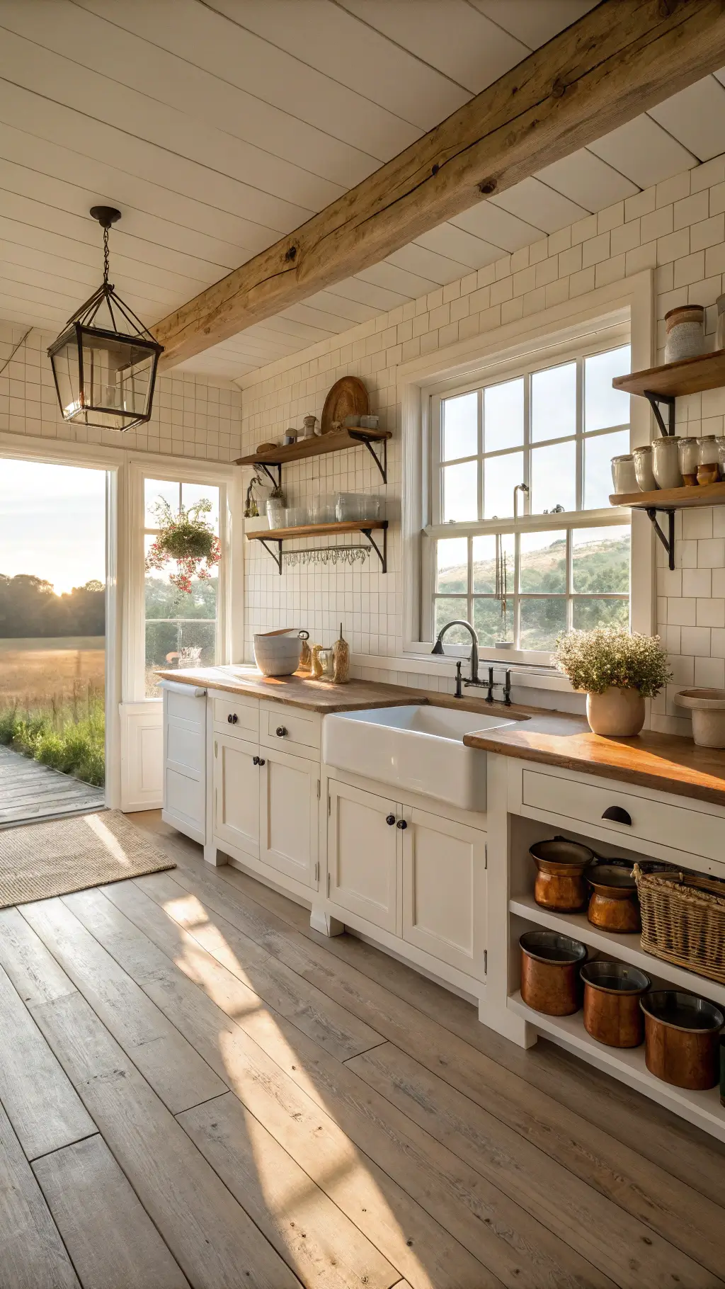 Sunny farmhouse kitchen with white walls, pine floors, wooden island with vintage sink, copper pots, and open shelves displaying cream pitchers and mason jars, overlooking a lavender field