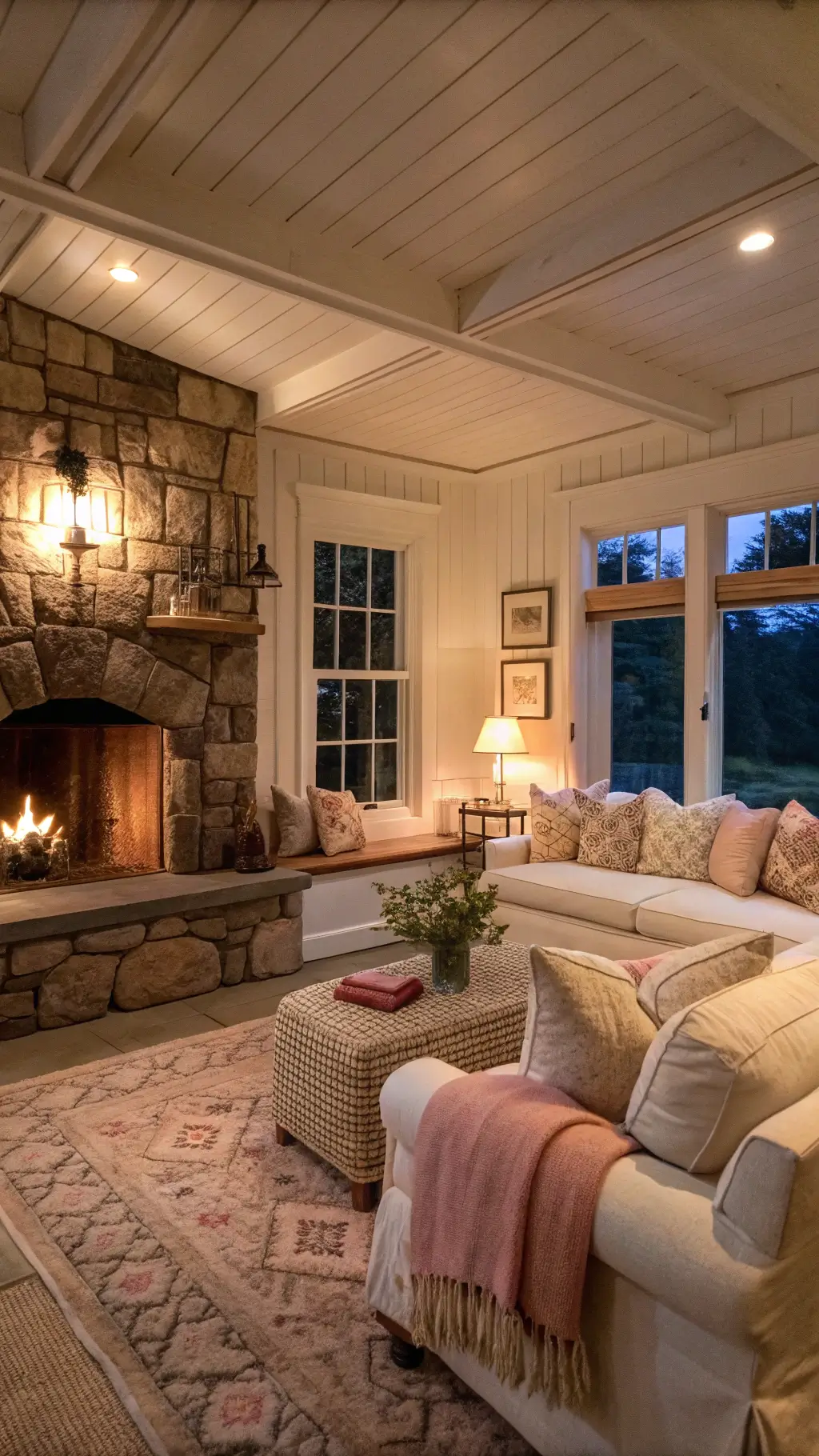 Cozy 12x12ft cottage living room at dusk with a stone fireplace, built-in window seats, oatmeal linen sofa, vintage chair, and wool rug in warm neutrals and soft pinks, lit by oil lamps and fire glow.