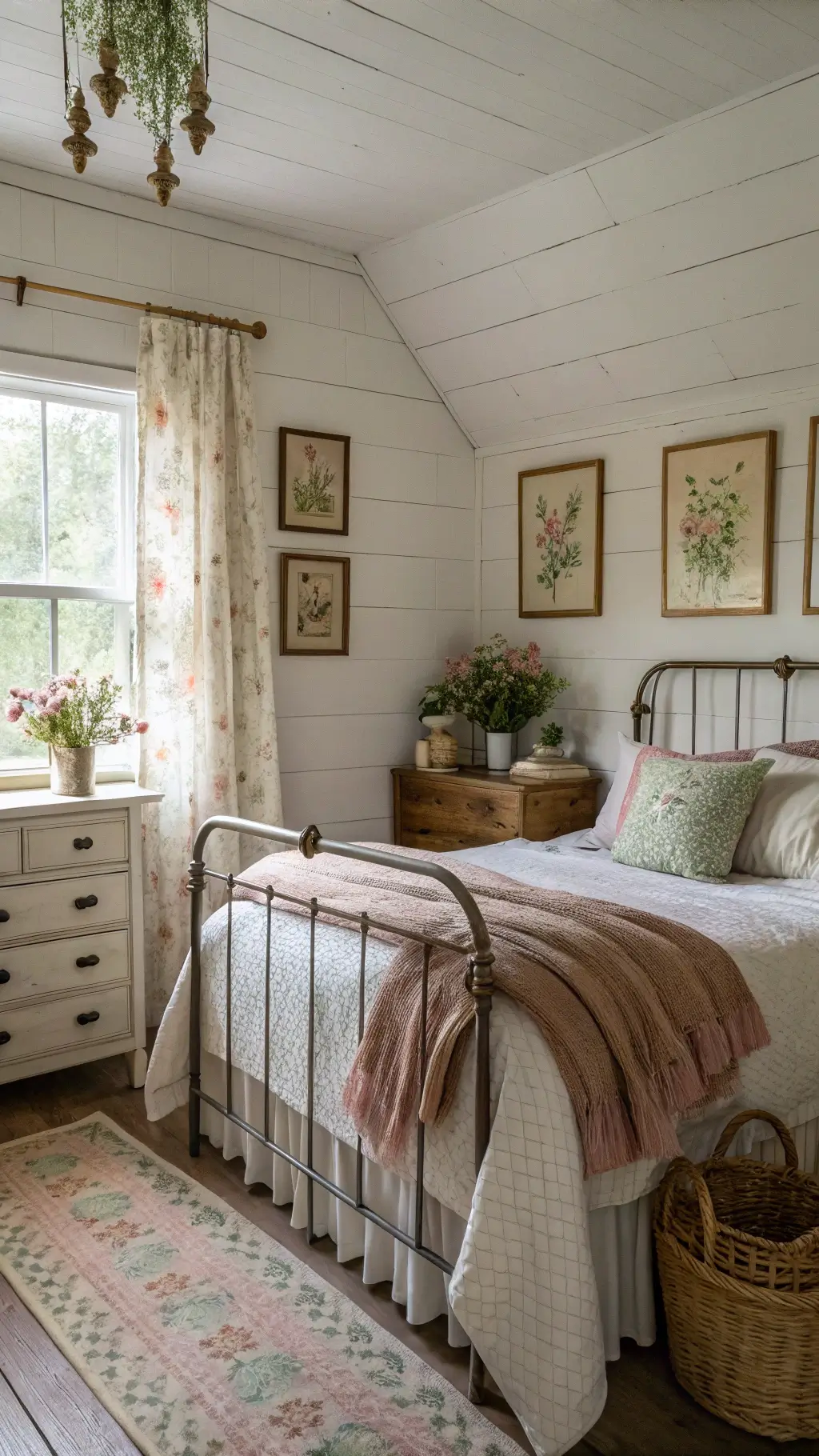 Vintage cottage bedroom with sunlit distressed dresser, botanical prints, market baskets under a window seat, and a wrought iron bed adorned with quilts and knitted throws in ivory, sage, blush and aged brass palette.