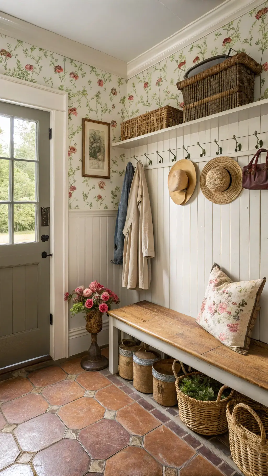 Vintage mudroom entrance with beadboard paneling, floral wallpaper, a coat rack with straw hats, weathered bench, galvanized flower buckets, and worn terracotta tiles bathing in soft afternoon light