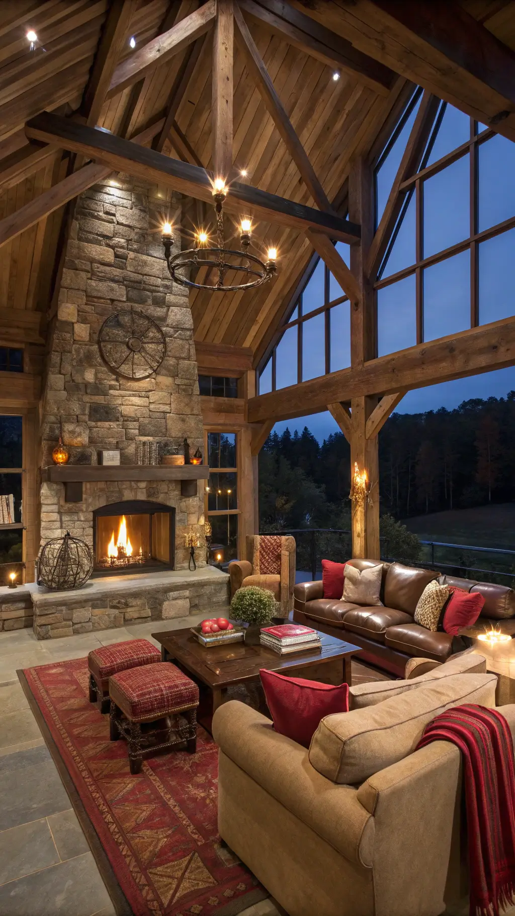 A rustic 15x18ft great room with cathedral ceiling, reclaimed beams, stone hearth with a crackling fire, oversized linen sectional, leather wingback chair, raw edge coffee table with vintage books, woolen throws in autumn colors, lit by ambient firelight and an iron chandelier, in a rich neutral palette with deep reds and browns, captured from an elevated position.