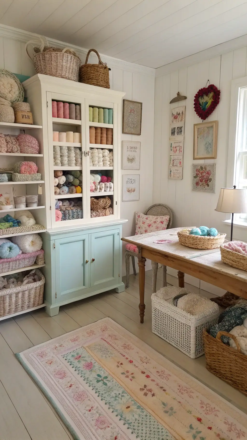 A peaceful 12x14ft craft room bathed in morning light featuring wall-mounted shelves with pastel yarns, large antique farmhouse table, woven baskets filled with linens and quilting supplies, vintage sewing notions in a painted china cabinet, handmade rugs on wide plank floors, and pale curtains diffusing the natural light; overall palette of cream, butter yellow, and pale pink.