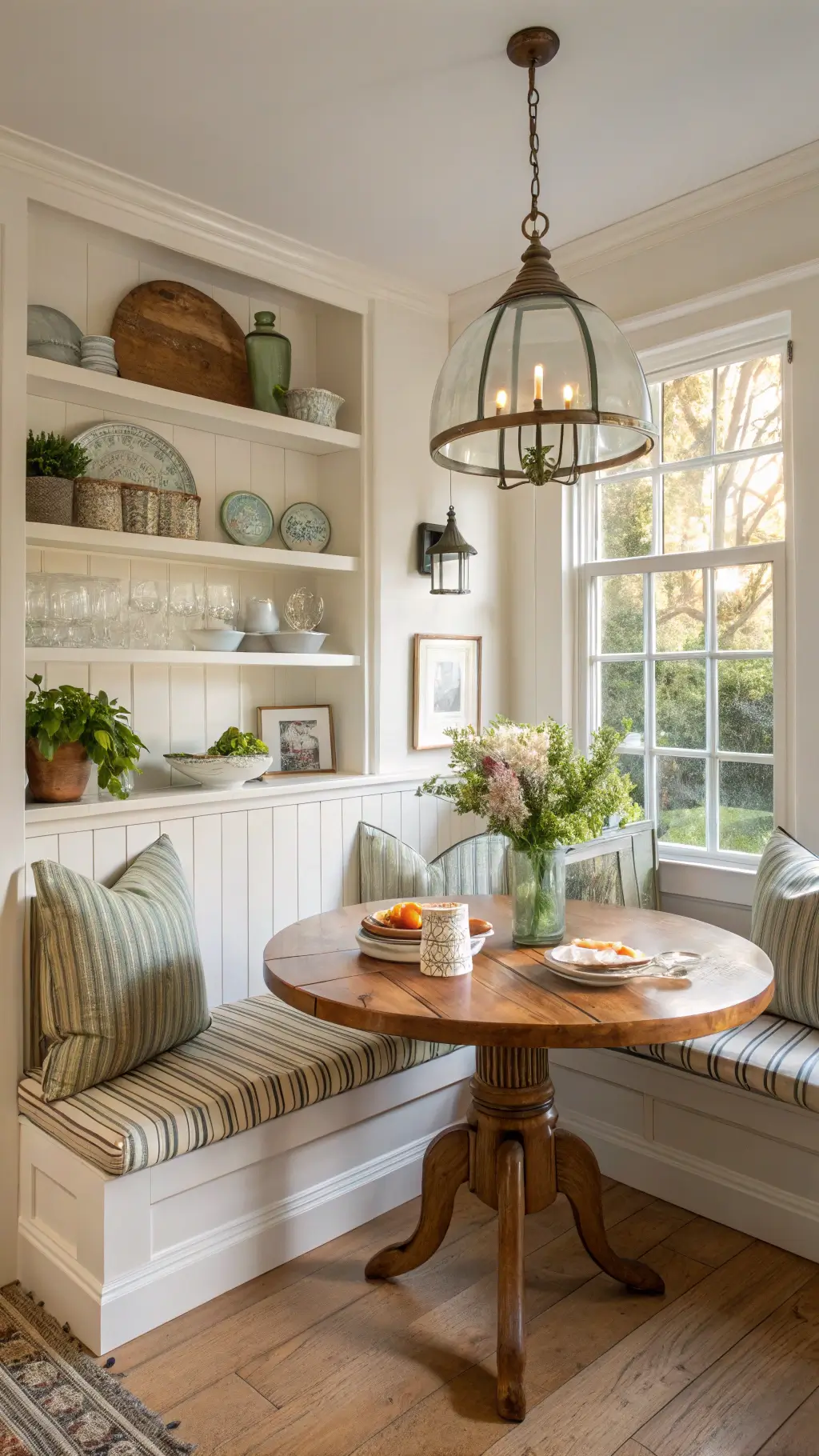 Cozy 10x12ft breakfast nook with striped banquette, antique pine table, open shelving with ironstone and copper collection, pendant light and fresh flowers in a pottery vase, bathed in soft morning light.