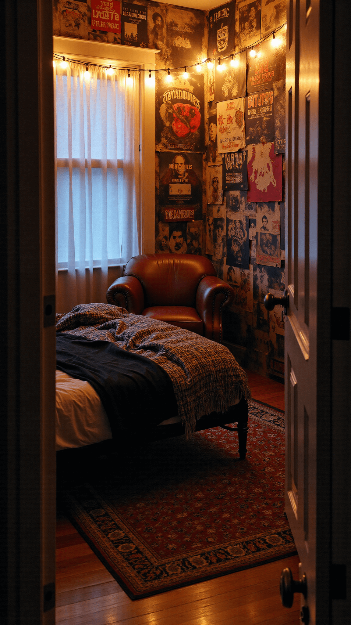 Grunge sanctuary room at dusk decorated with fairy lights, concert posters, fabric tapestries, vintage leather armchair, distressed Persian rug, and a bed with plaid bedding and black silk throws.