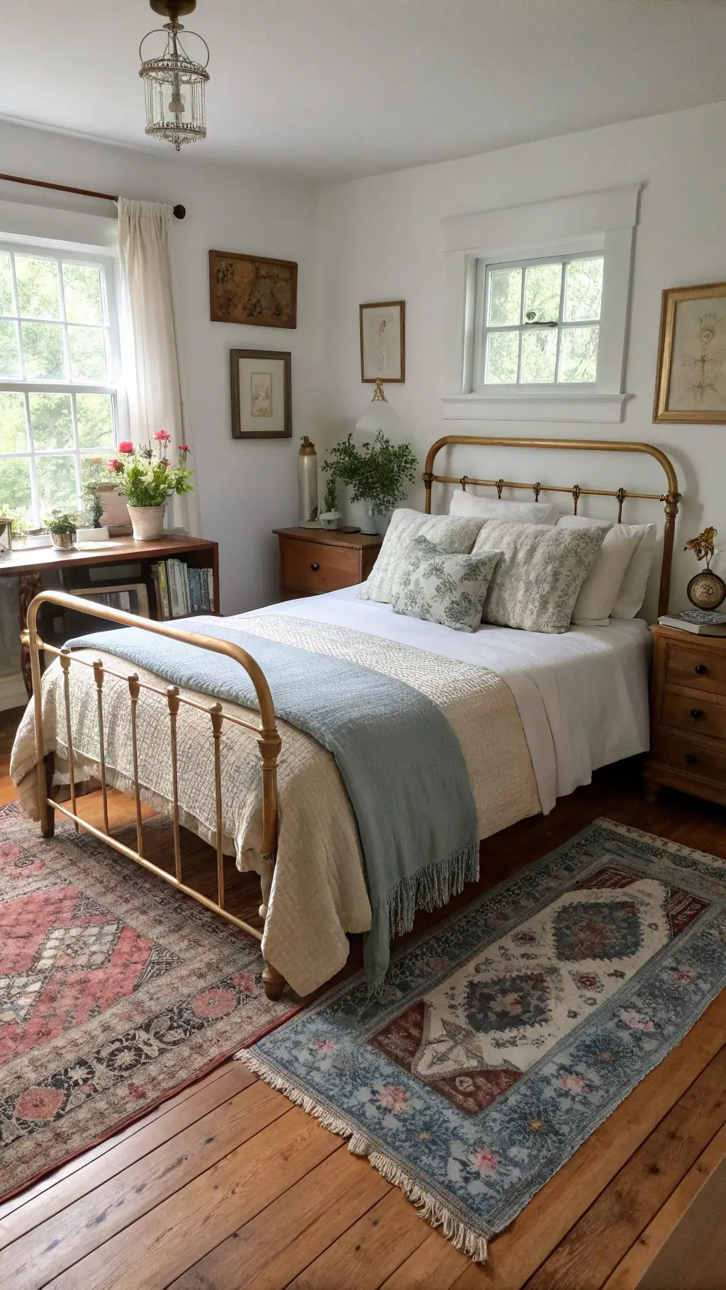 Vintage-themed bedroom with brass bed, hardwood floors, wool rugs, weathered secretary desk with curiosities, framed pressed flowers and potted herbs on windowsills, illuminated by the morning light.