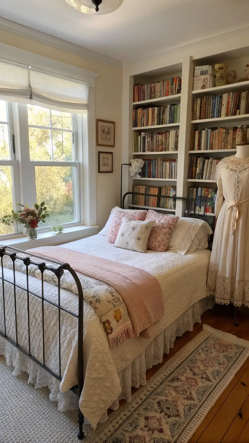 Sunrise-lit 15x17ft bedroom featuring a window seat amidst bookshelves, an iron bed with vintage linens,
</p></noscript>
<div class=