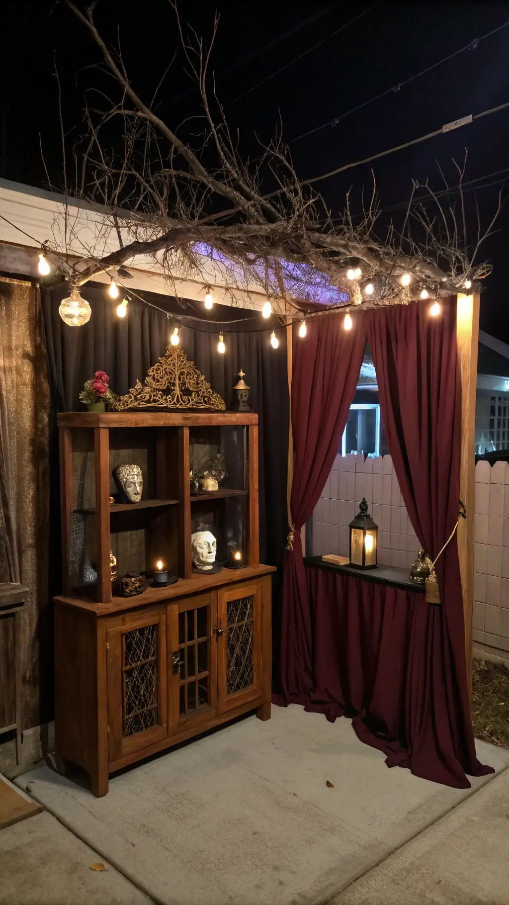 Intimate sanctuary with custom display altar of fox, wolf, and raven masks, illuminated by Edison bulbs and fairy lights among dried branches, with copper accents and dark mahogany furniture in blue hour setting.