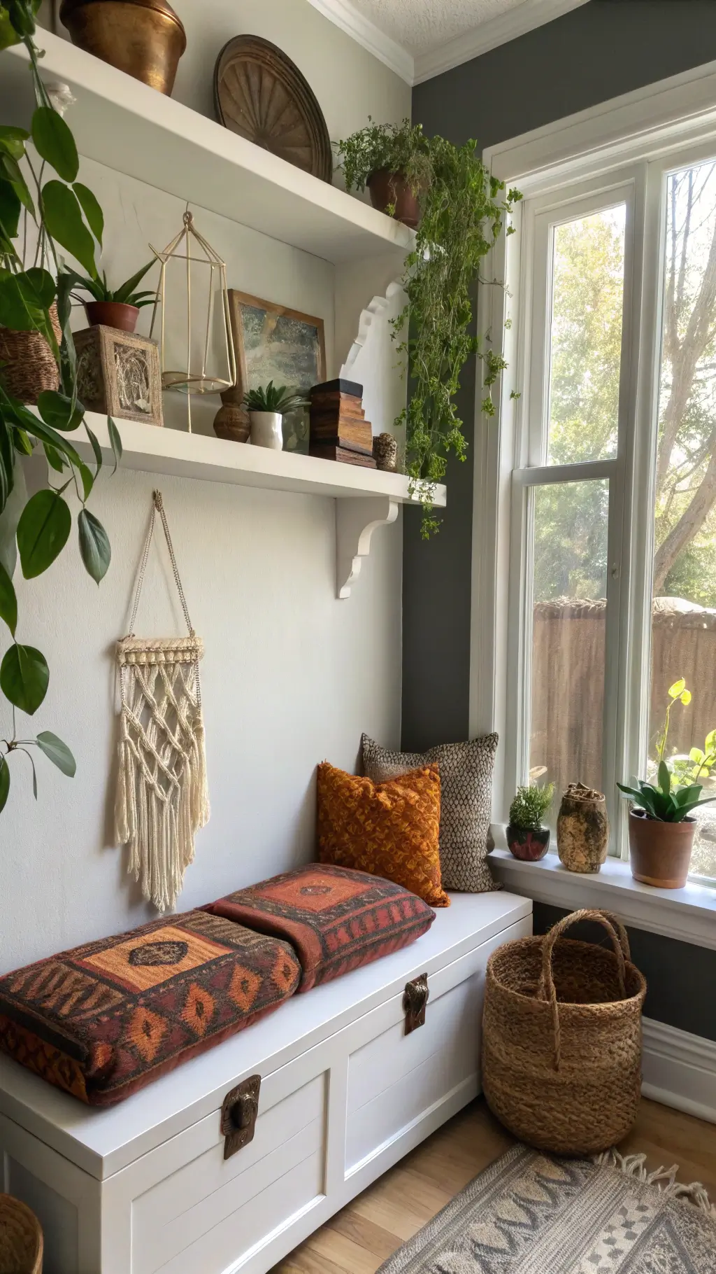 Sun-drenched window nook featuring a display of ethically sourced animal artifacts, crystals on white oak shelves against a charcoal accent wall, a vintage trunk repurposed as seating with handwoven cushions, and macramé plant hangers with trailing pothos.