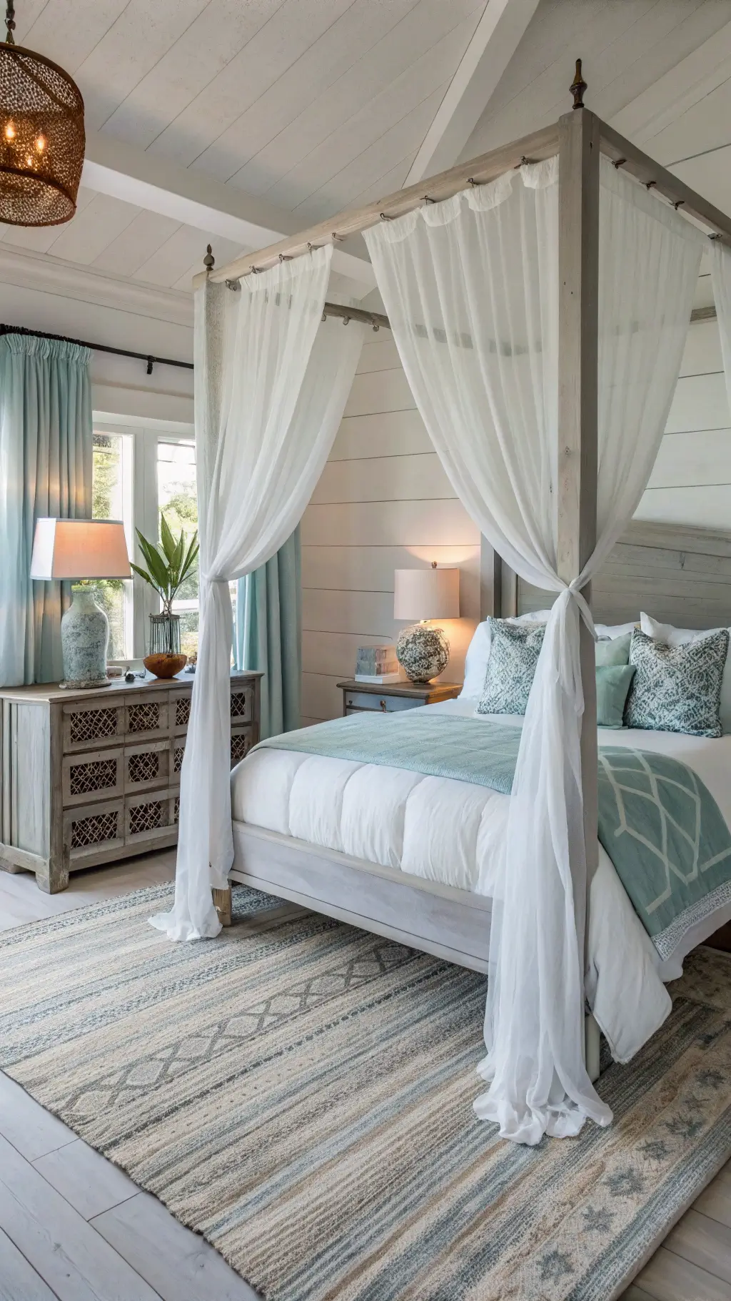 Coastal bedroom with four-poster bed, white curtains, rumpled linen bedding, weathered gray nightstands, ceramic lamps, coral specimens, vintage indigo textiles, sisal rug on pine floors, captured in soft 7am lighting.