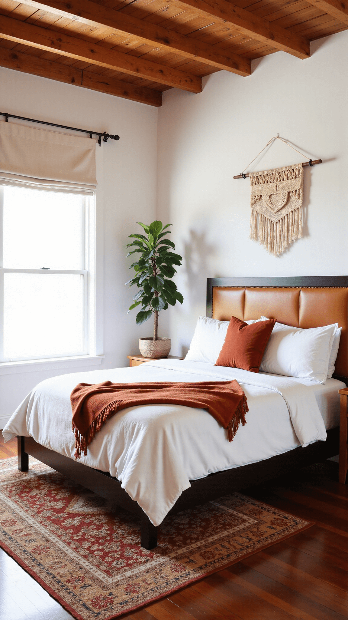 Bright mid-morning sunlight lighting up a cozy 18x20ft room featuring exposed wooden beams, a large California king bed with a cognac leather headboard and white linens, stylish mid-century modern walnut furniture, a handwoven wall hanging, and a potted fiddle leaf fig. A vintage Moroccan rug in warm earth tones complements the room's warm diffused lighting.