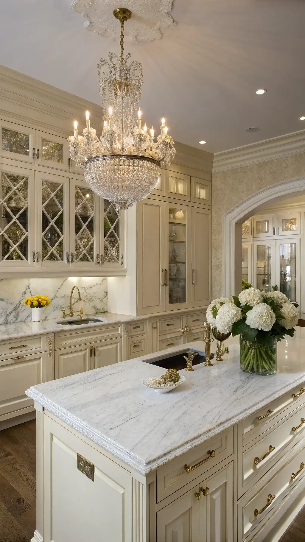 Elegant traditional kitchen with cream cabinets, crystal chandelier, brass hardware, and fresh hydrangeas in a refined and luxurious setting