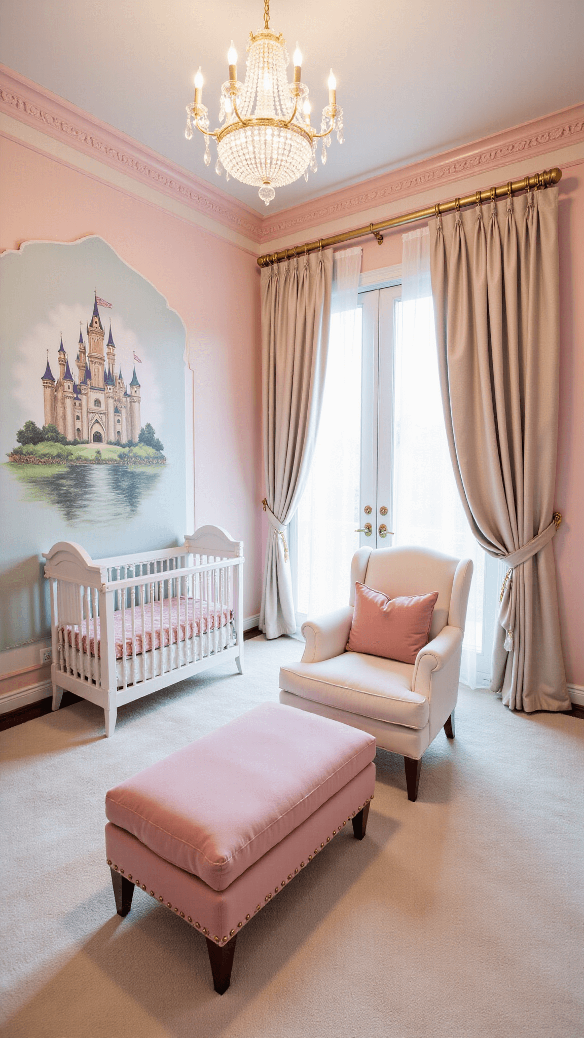 Ethereal princess nursery with blush pink walls, gold crown molding, crystal chandelier, white spindle crib with tulle canopy, hand-painted castle mural, velvet ottoman, white nursing chair, and French doors, photographed during blue hour.