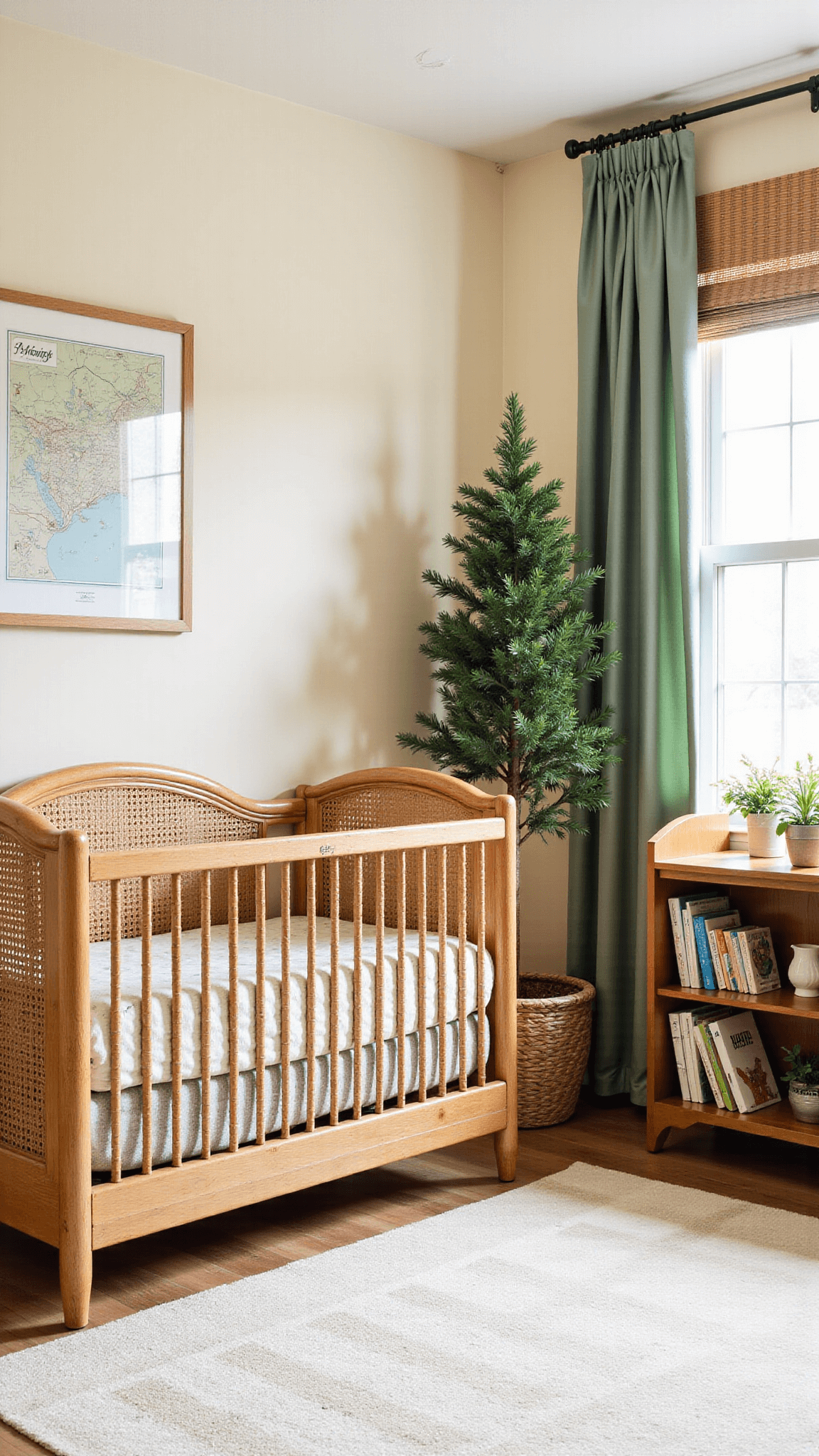 Midday view of a warm, cream-colored Hundred Acre Wood-themed nursery with honeybee pattern, a ceiling map mural, a rattan crib with sage accents, faux trees, a wooden bridge bookshelf with storybooks, and sunlight filtering through bamboo roman shades.