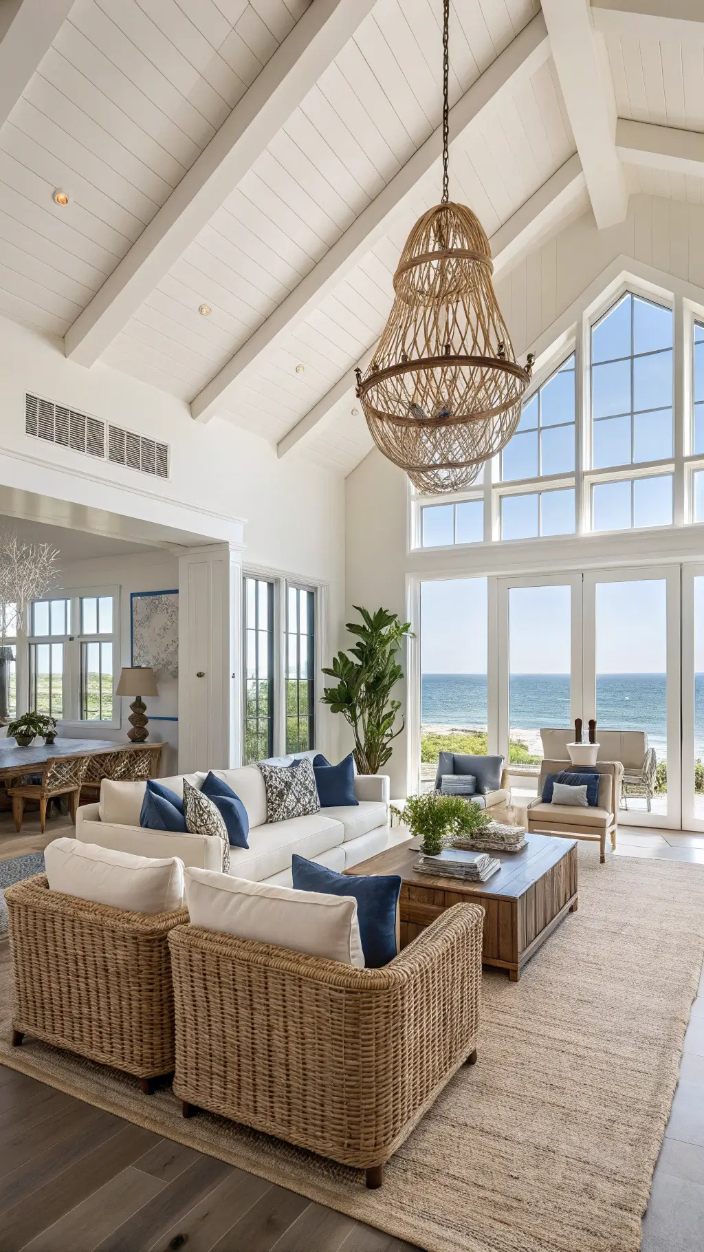Luxurious modern coastal great room with high ceilings, open concept design, a massive jute chandelier, a white L-shaped sectional with accent pillows in blue tones, swivel chairs in natural rattan, an oversized abstract painting in ocean blues and sandy neutrals, a textured wool rug over seagrass, and white oak beams contrasting with a shiplap ceiling, bathed in afternoon light.