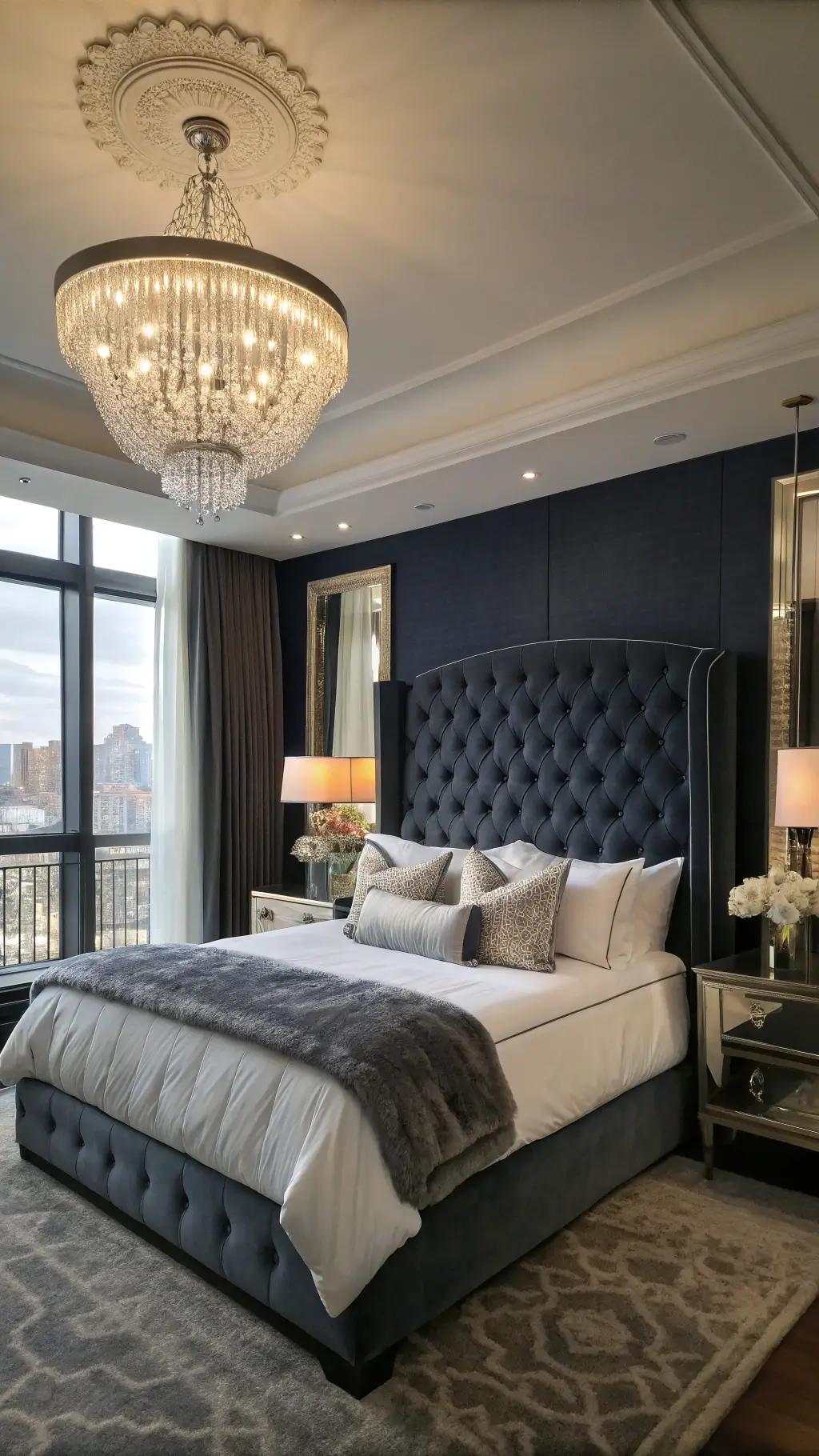Luxurious 15x15ft master bedroom with afternoon light accentuating a charcoal velvet tufted wingback headboard against a dark navy wall, featuring white bedding with silver pillows, faux fur throw, crystal lamps on mirrored nightstands, an oversized crystal chandelier, silk drapes framing a city view, ghost chairs and a lucite console.