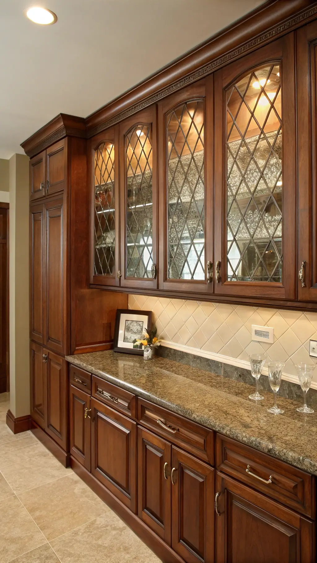 Traditional kitchen with cherry wood cabinets, diamond patterned leaded glass doors, crystal and silver collections, deep brown granite countertops, and classic crown molding, illuminated by morning glow.