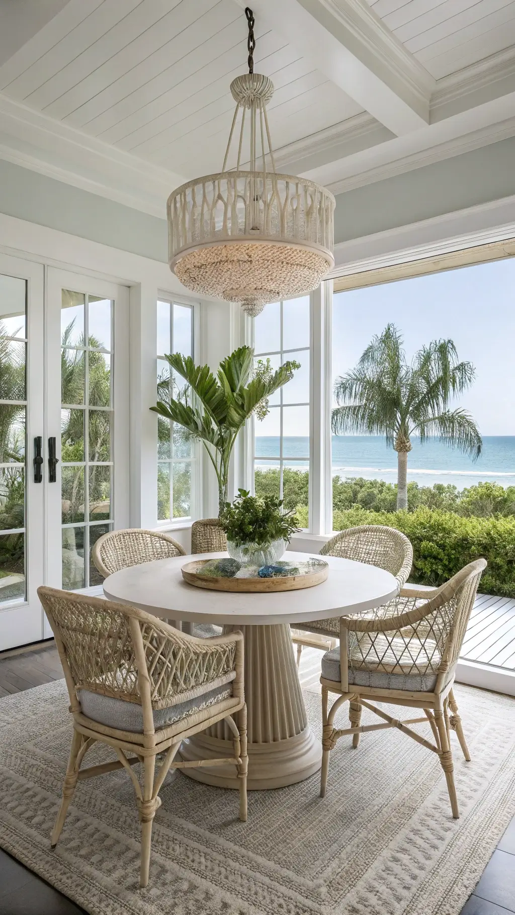 Bright, spacious coastal dining nook with round pedestal table seating for six, large seascape painting, crystal chandelier, and potted palms, viewed from above in midday light.