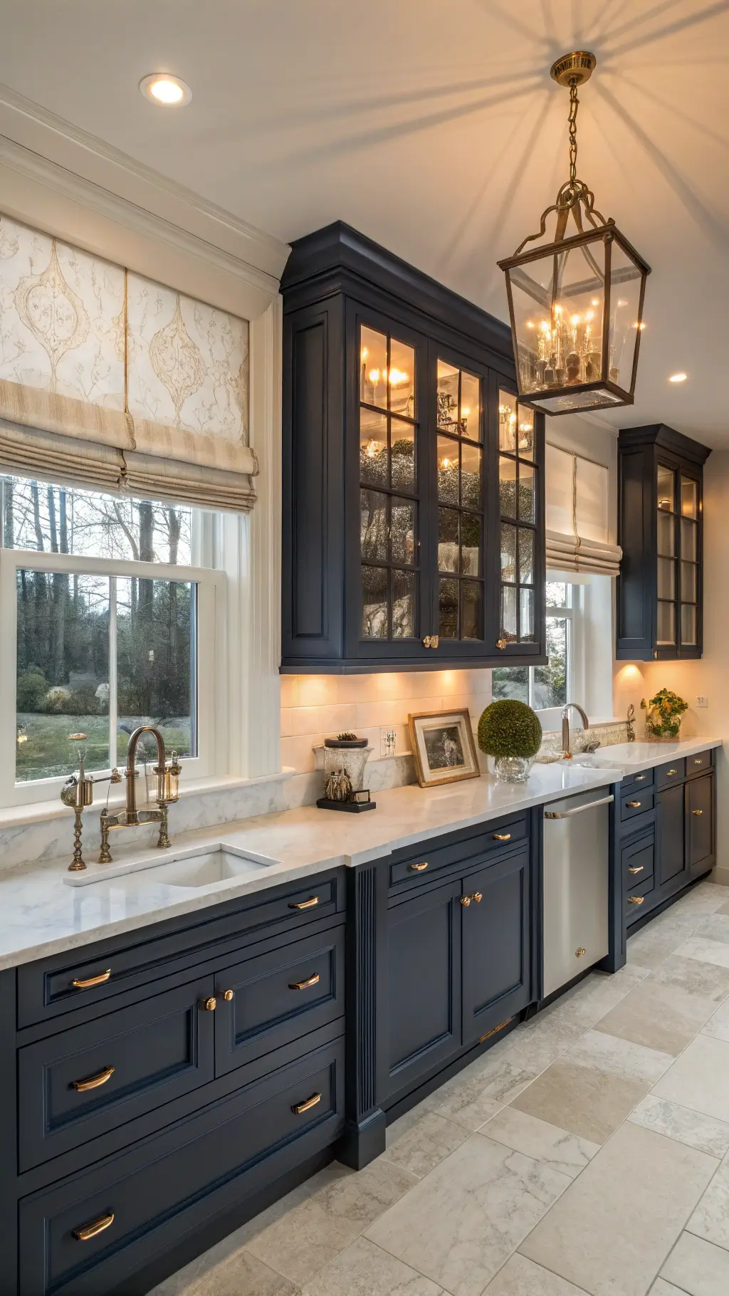 Elevated view of a romantic traditional L-shaped kitchen with navy raised-panel cabinets, white marble backsplash, antique brass lantern pendants, and cream limestone floors bathed in sunset light.