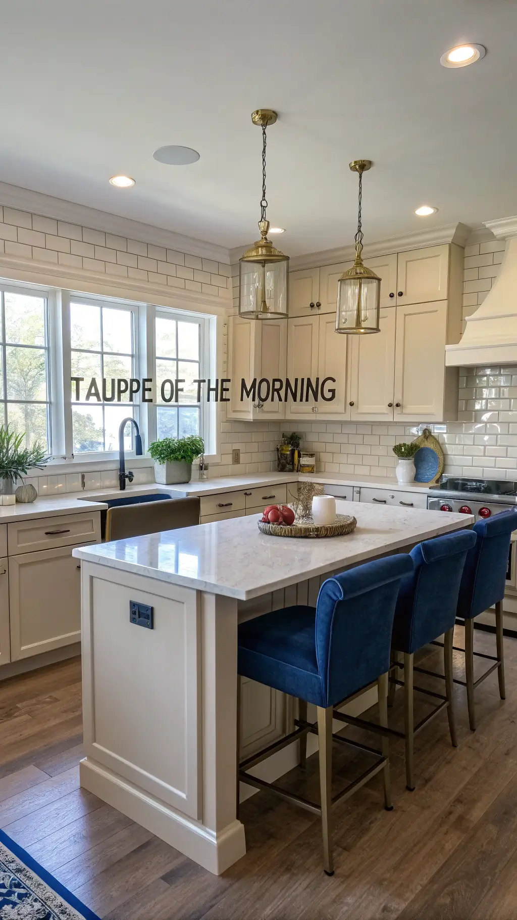Transitional kitchen with custom light taupe cabinets and cream subway tile backsplash, navy blue barstools at centered island, white quartz countertops, and potted herbs on windowsill in soft early morning light.