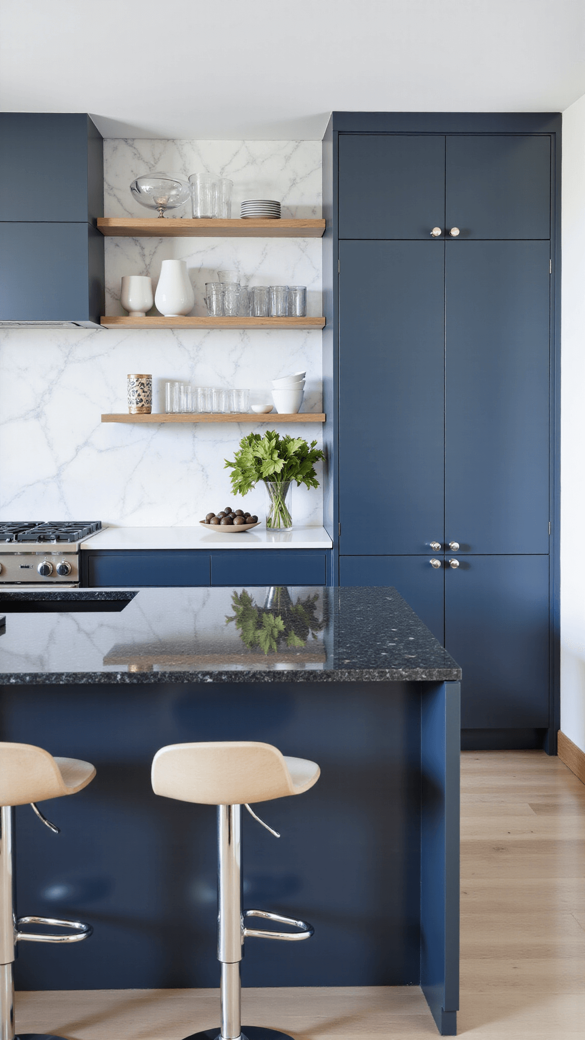 Spacious contemporary kitchen with blue-gray gloss cabinets, white marble backsplash, dark granite island, and polished chrome accents, bathed in mid-morning light, showcasing modern art and a curated glassware collection on floating shelves.