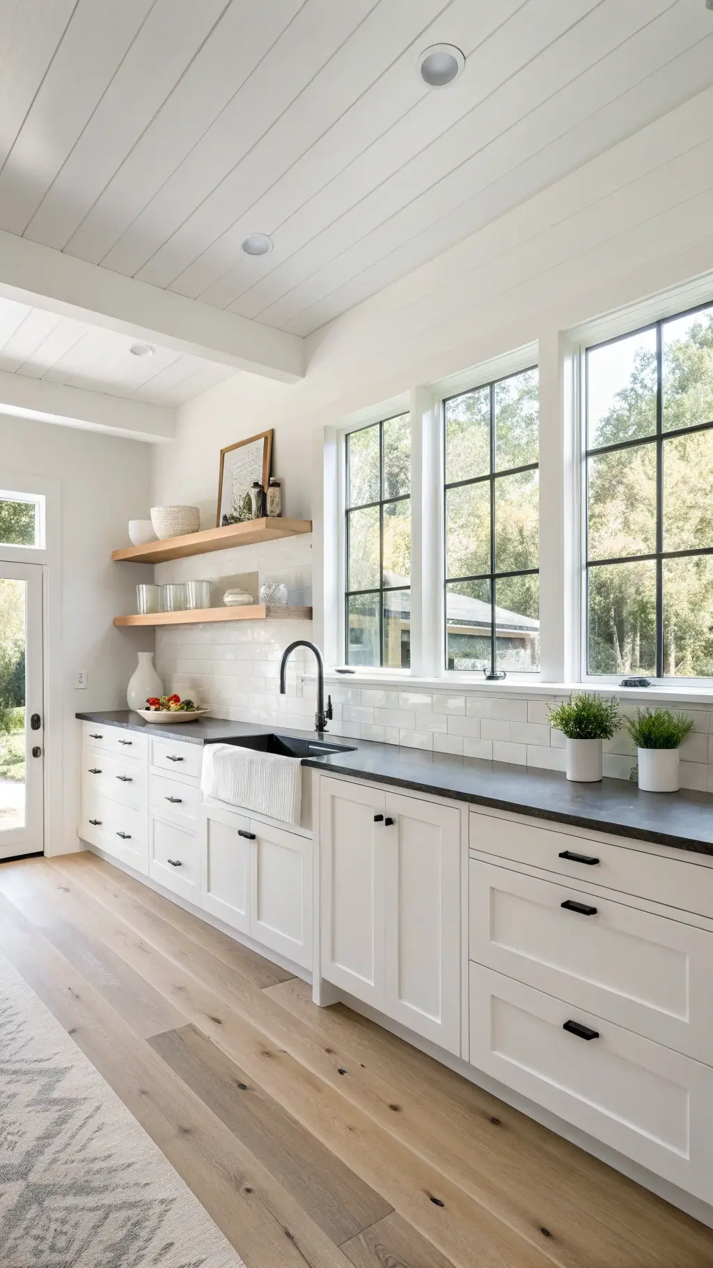 Midday view of a bright 13x16ft minimalist farmhouse kitchen with floor-to-ceiling white cabinets, pale oak floating shelves, black granite countertops, and wide windows letting in natural light.