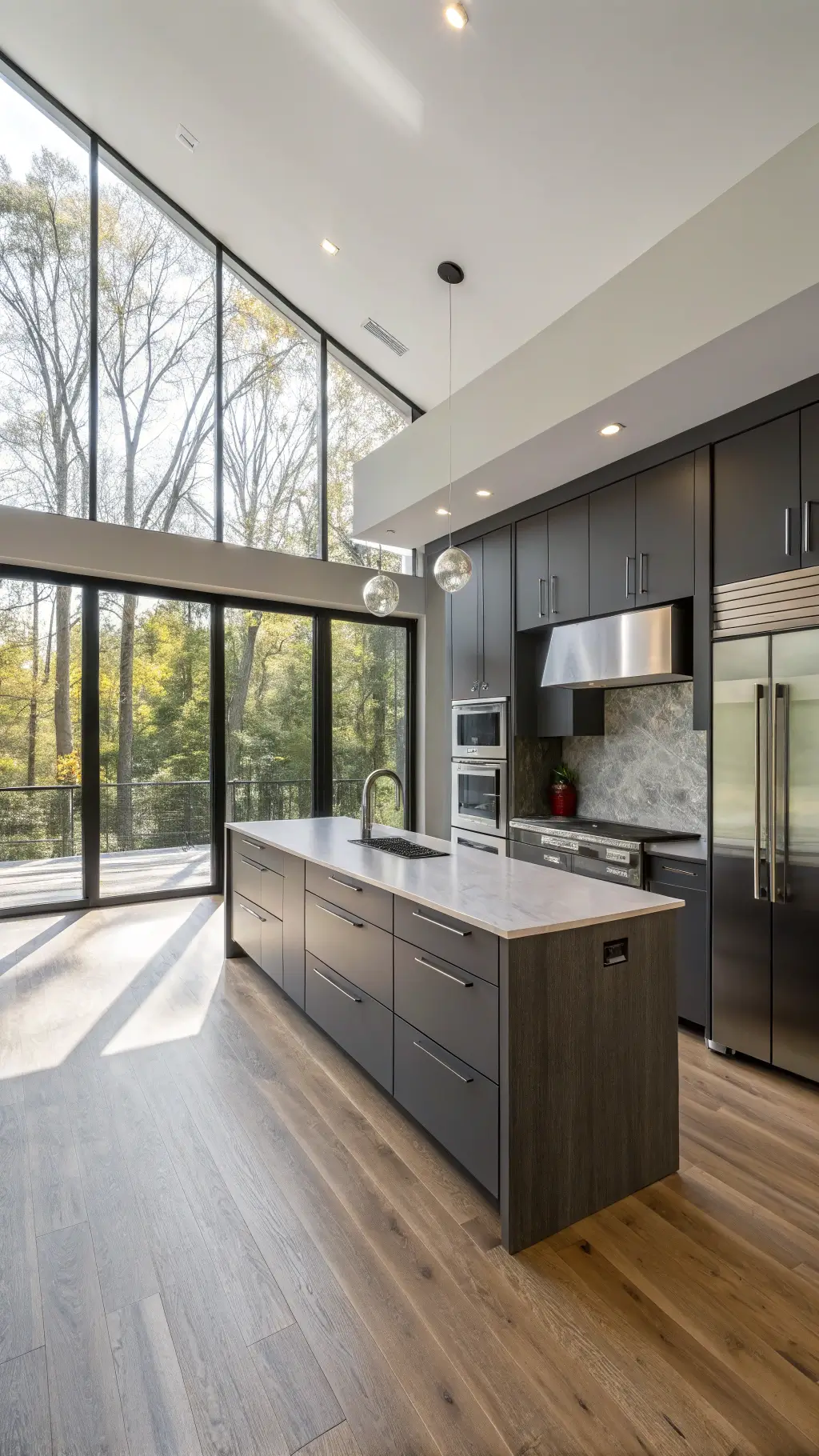 Contemporary kitchen with sleek charcoal cabinets, white quartz island, stainless steel appliances, and natural oak flooring, bathed in golden morning light through floor-to-ceiling windows