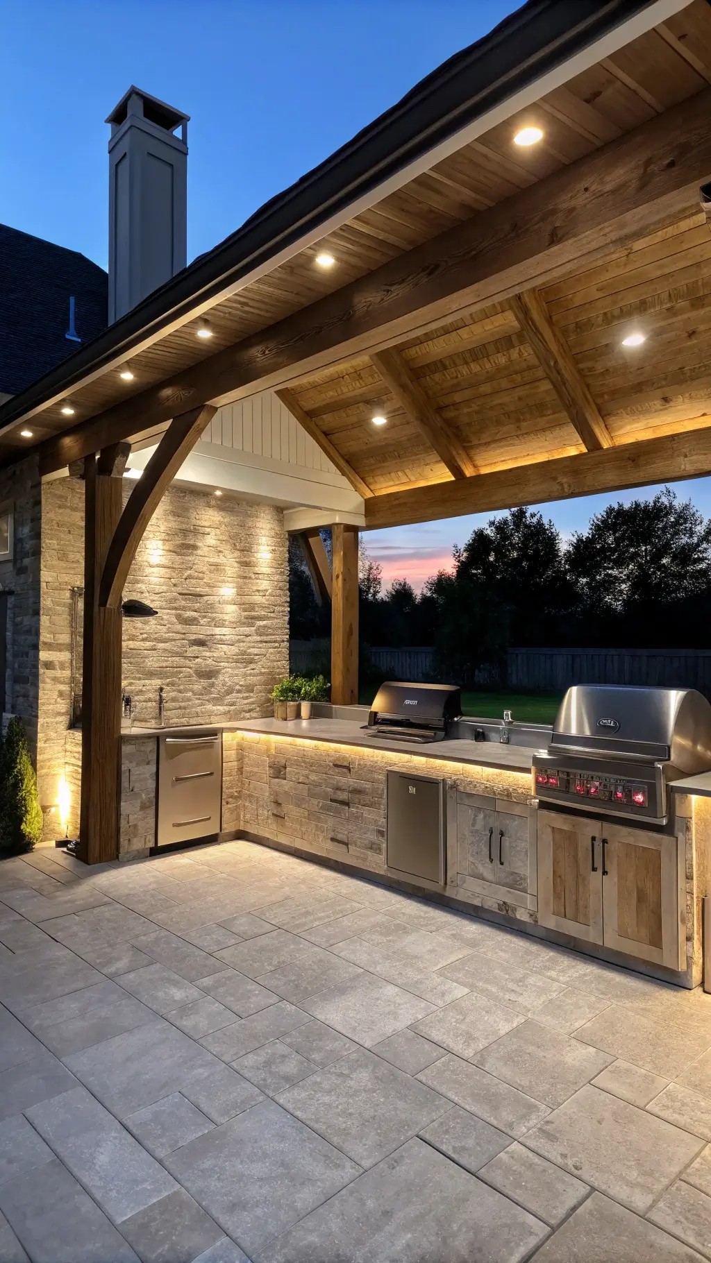 Luxury outdoor kitchen pavilion at dusk with exposed cedar beams, champagne-finished aluminum cabinets in L-shape, built-in grill station with grey slate backsplash, ambient LED underlighting, and polished concrete flooring