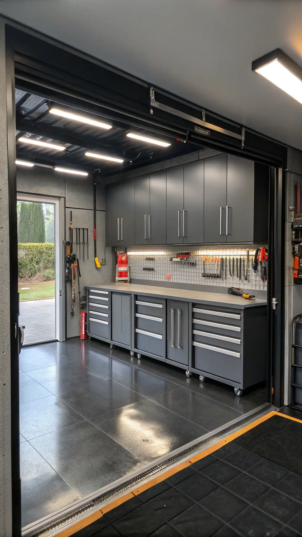 Modern industrial garage workspace with floor-to-ceiling gunmetal grey aluminum cabinets, glossy charcoal epoxy flooring reflecting overhead LED lights, and a stainless steel workbench centerpiece.