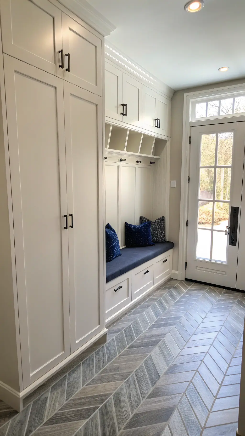 Bright, elegantly designed 6x8ft mudroom featuring pearl white aluminum cabinets, built-in bench with navy cushions, and grey herringbone tile floor under natural skylight morning light