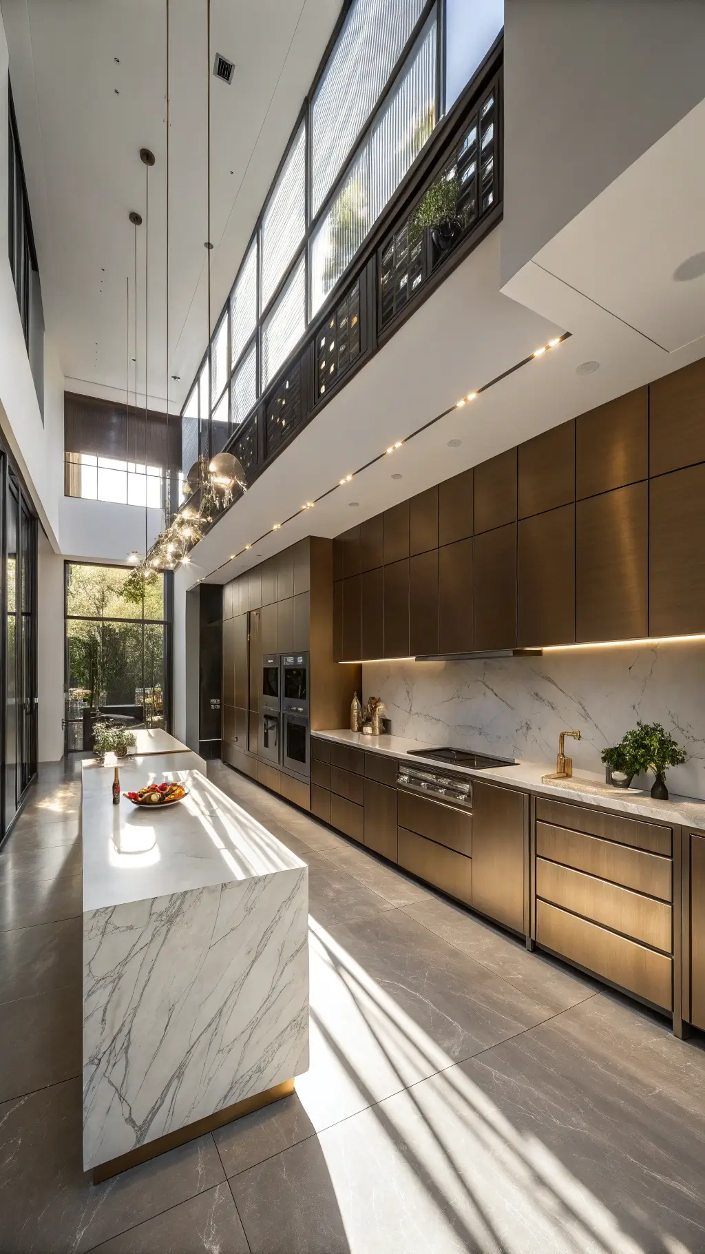 Elevated view of a luxurious minimalist chef's kitchen with double-height ceilings, metallic bronze aluminum cabinets, integrated appliances, creamy white marble waterfall island and dramatic pendant lighting.