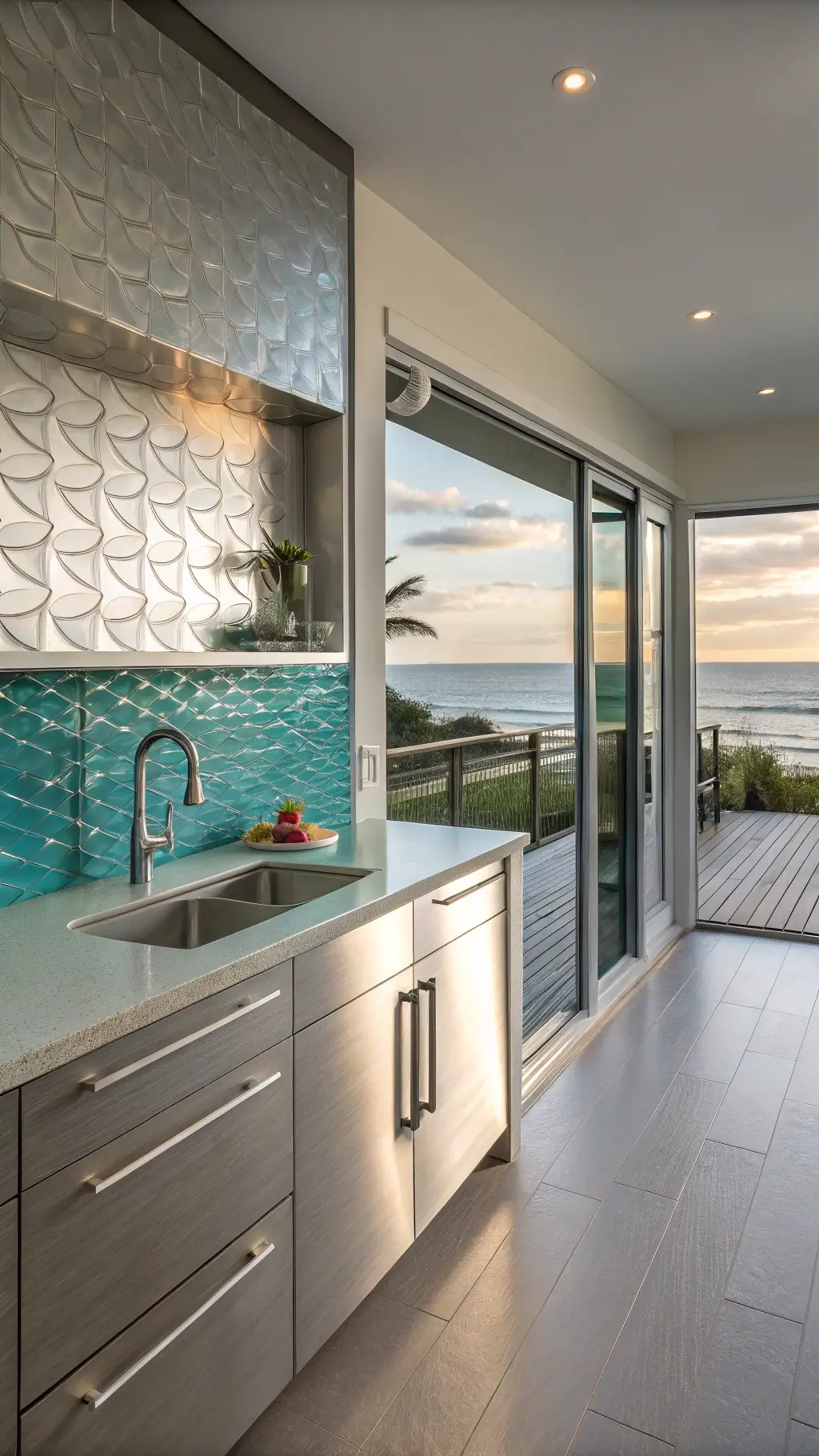 Coastal kitchen with silver wave-patterned aluminum cabinets, turquoise glass backsplash, and white quartz countertops, bathed in late afternoon light, shot through doorway emphasizing indoor-outdoor flow and moisture-resistant features.