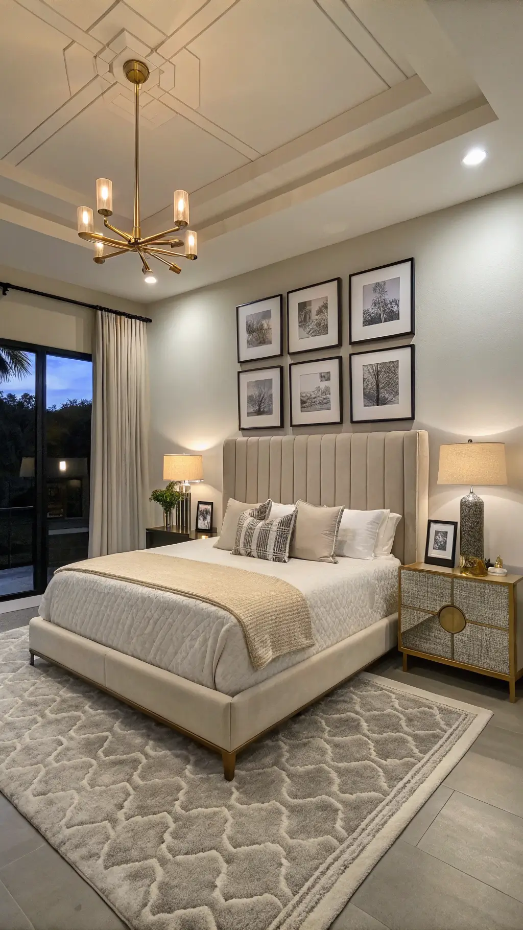 Symmetrical contemporary bedroom at dusk featuring a queen bed with a cream linen tufted headboard, identical brass and marble side tables with matching lamps, grid gallery wall of black and white photos, grey and white geometric wool rug, and a brushed gold modern ceiling fan.