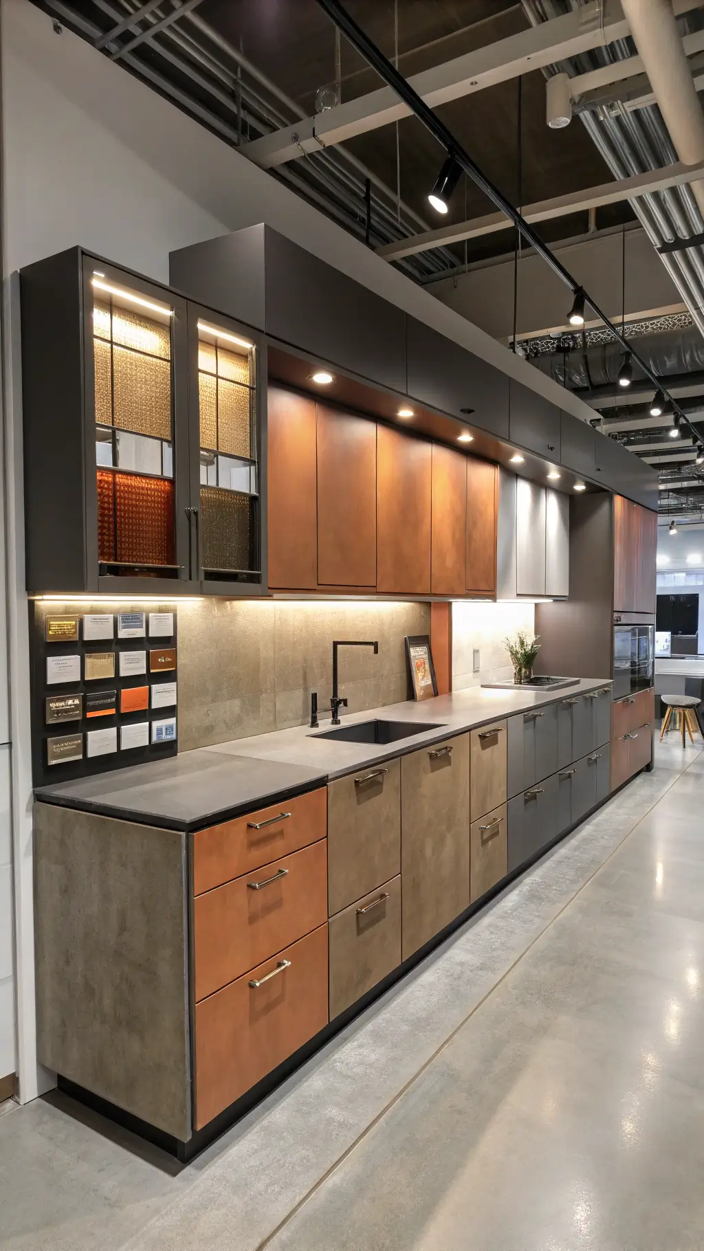 14x16ft industrial-chic kitchen design studio with mixed metal aluminum cabinets, concrete countertops, and a display wall showcasing different cabinet finishes, shot from the consultation area under controlled studio lighting