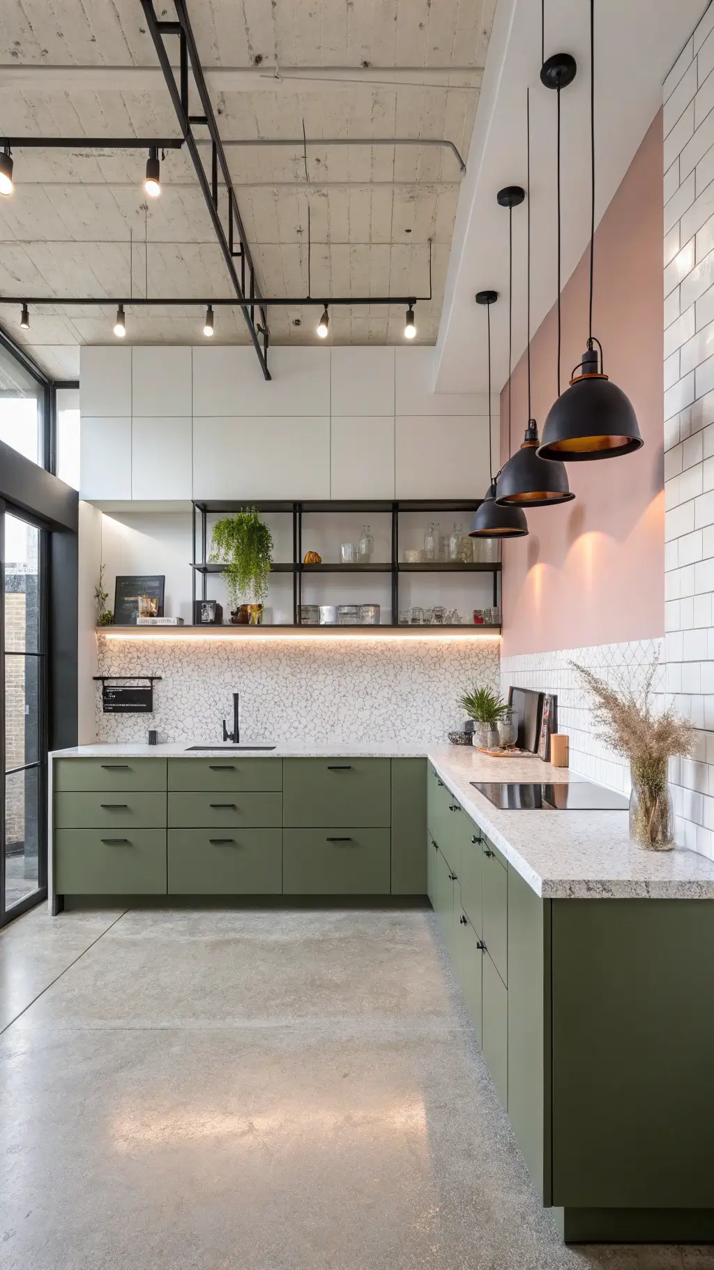 Modern minimalist kitchen with olive green cabinets, white upper shelving, blush pink accent wall, and terrazzo countertops. Features include industrial concrete floors and geometric pendant lights.