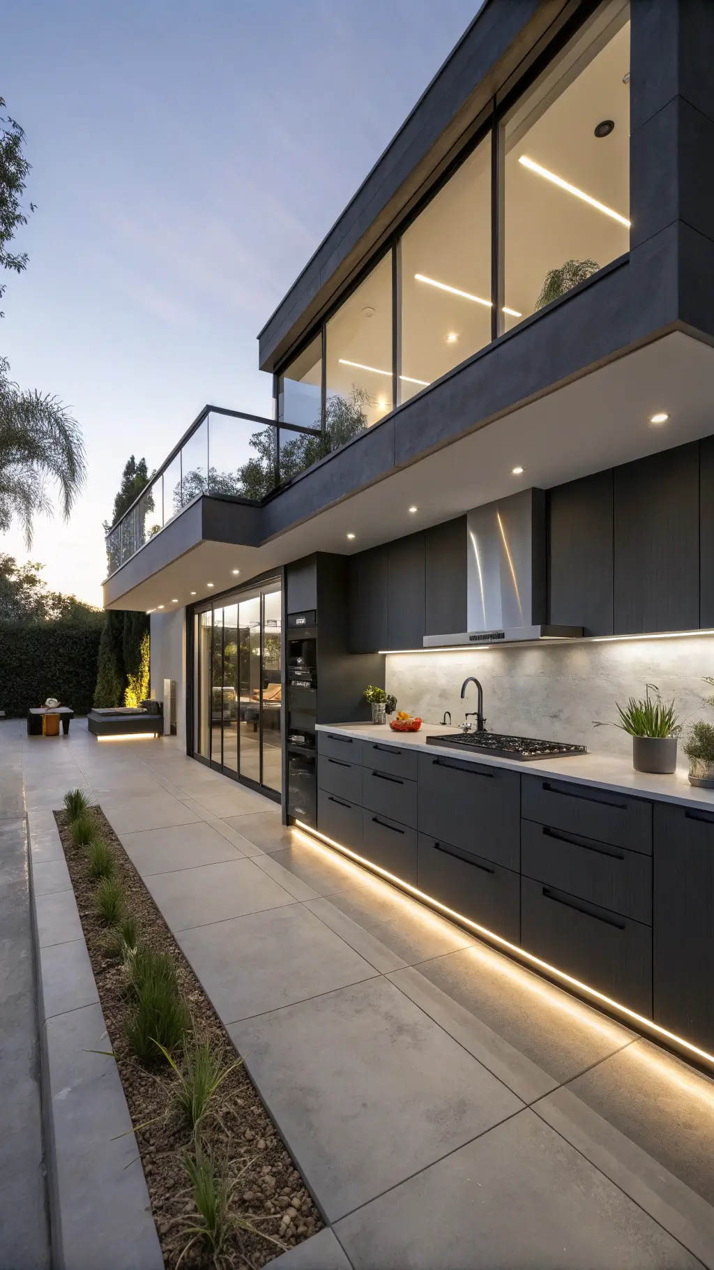 Modern kitchen with charcoal gray Shaker cabinets, LED-lit glass-front upper cabinets, a waterfall quartz island, polished concrete floors, and contemporary styling with geometric ceramics, black matte cookware, and succulents at dusk.