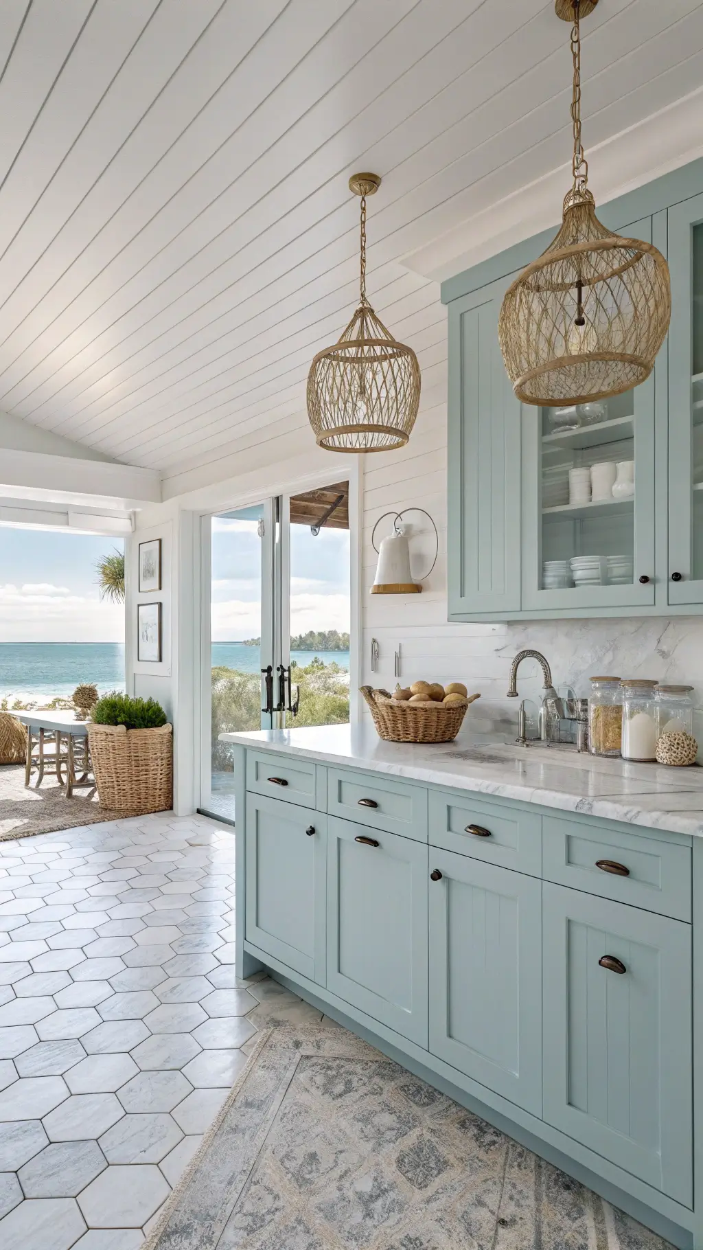 Bright, airy coastal kitchen featuring light blue Shaker cabinets with rope-twist handles, white shiplap walls and ceiling, marble hexagon tiled floor, with details like woven pendant lights, glass canisters filled with shells and driftwood accents, offering an expansive ocean view.