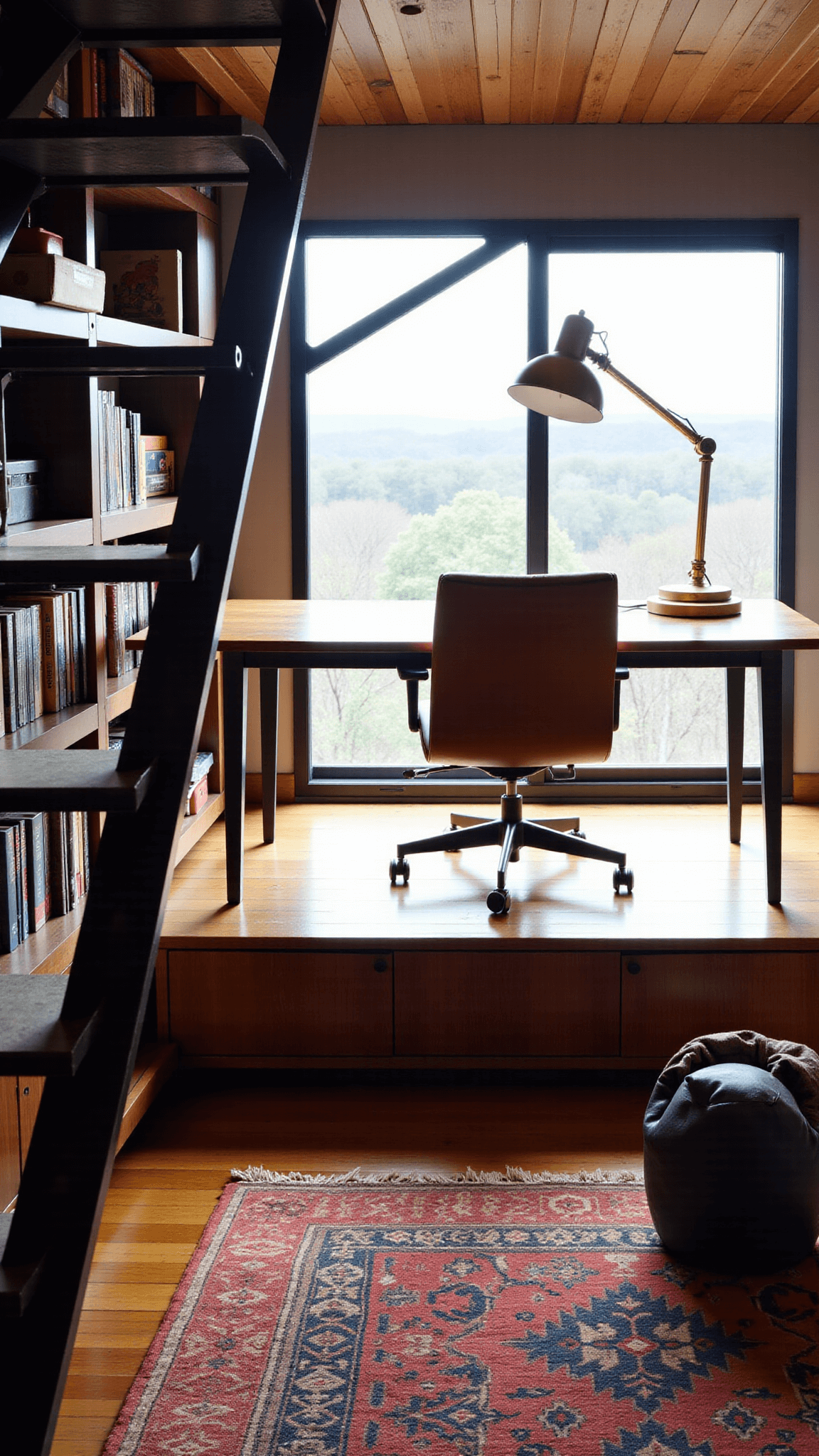 Industrial lofted study nook with steel staircase, built-in walnut bookshelves, Eames-style leather office chair, brass task lamp, and vintage kilim rug, illuminated by afternoon light through a triangular window.