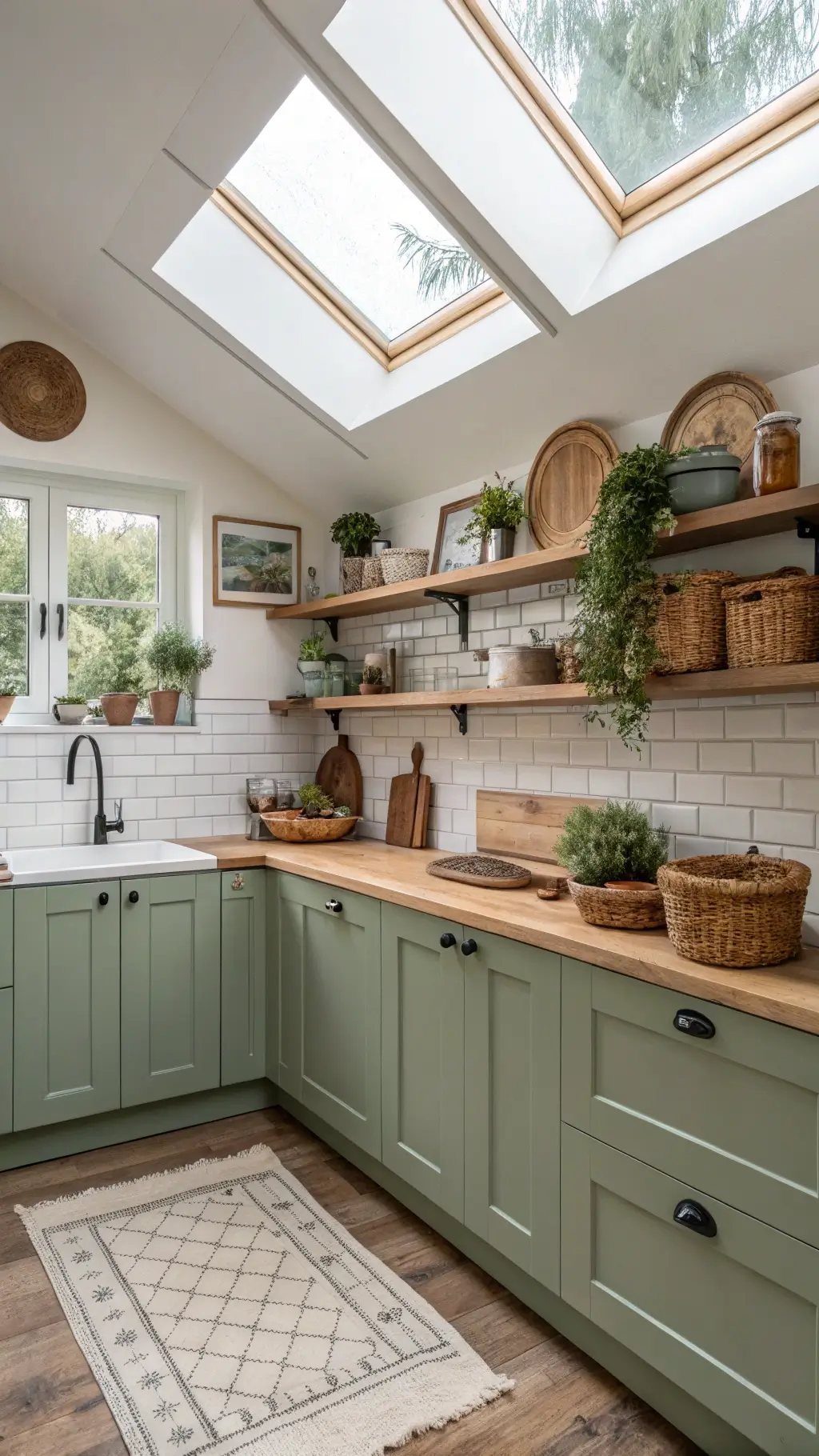 Cozy 10x12ft kitchen with sage green and white cabinets, butcher block counters, skylights, and decor including potted herbs and vintage cutting boards, in natural morning light.
