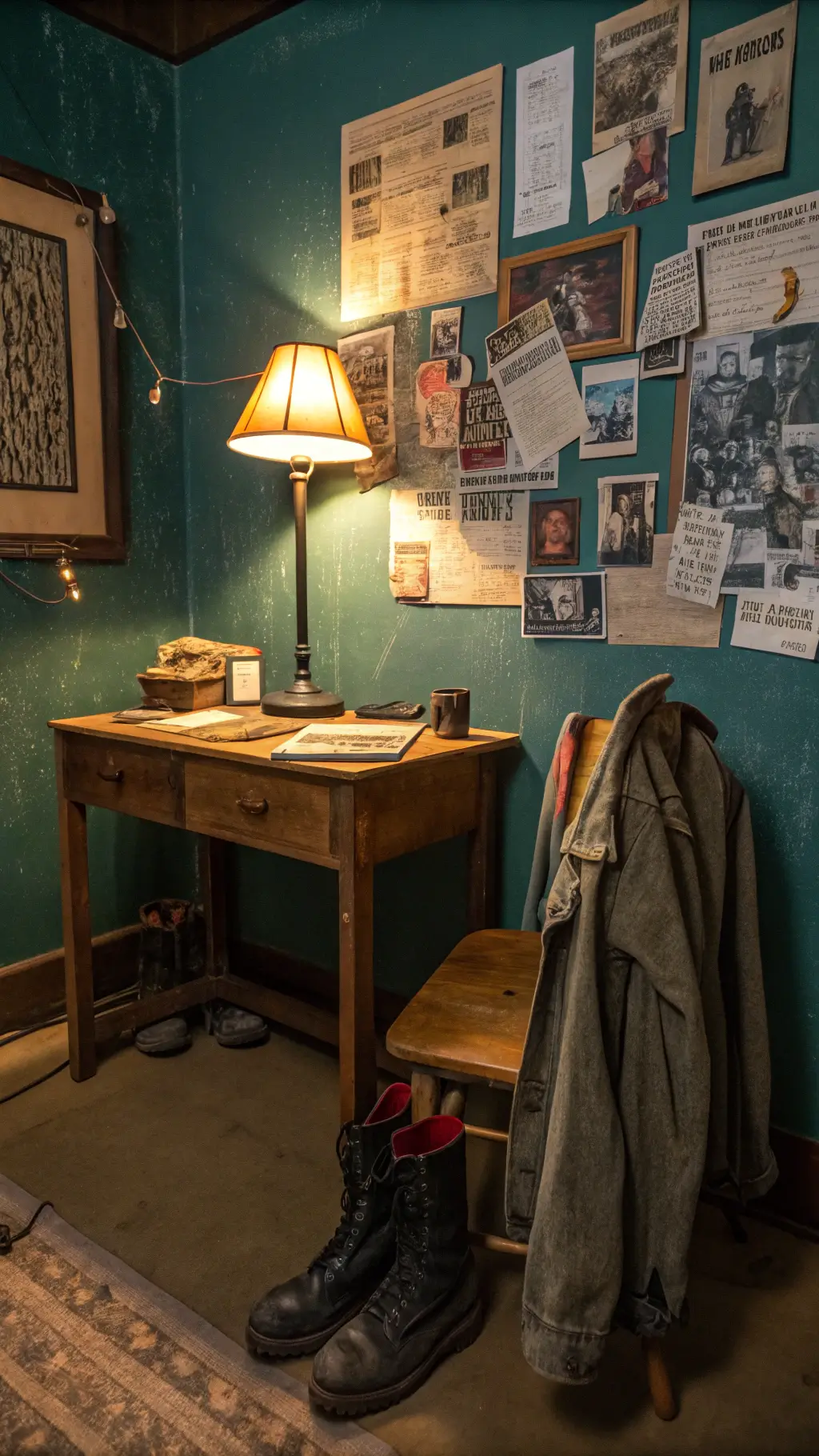 Eye-level view of a bedroom corner at dusk with forest green walls, a vintage wooden desk with a lamp, and a wall covered in concert tickets and poster collage. A denim jacket and boots are casually strewn across the floor.