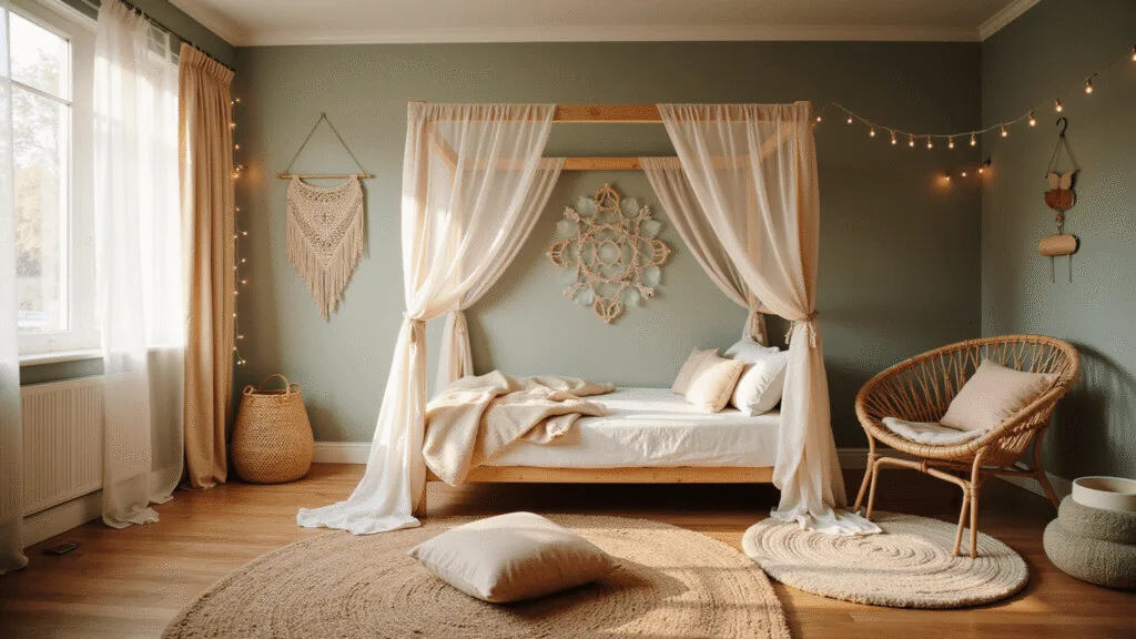 "Children's boho bedroom with wood canopy bed, sage green botanical wallpaper, rattan hanging chair, macramé wall hangings, and vintage rugs lit by golden hour light"