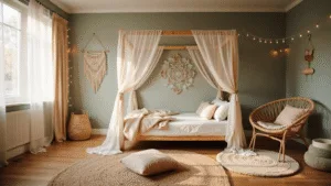 "Children's boho bedroom with wood canopy bed, sage green botanical wallpaper, rattan hanging chair, macramé wall hangings, and vintage rugs lit by golden hour light"