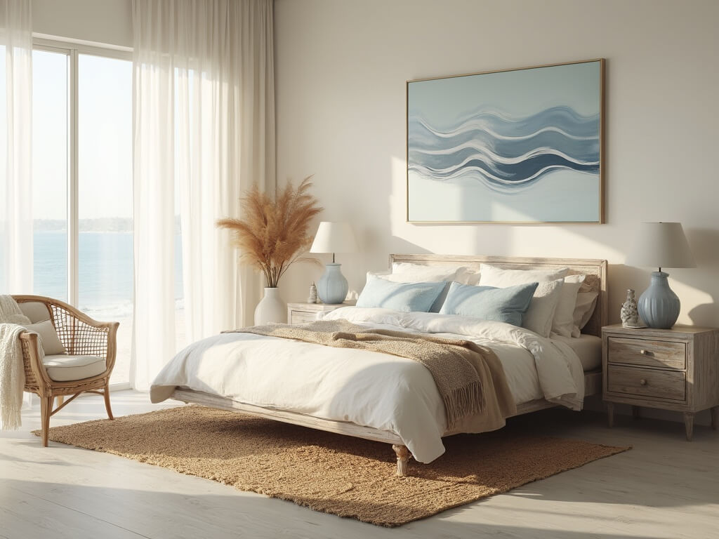 "Luxurious coastal bedroom bathed in morning sunlight with king-size bed, driftwood nightstands, rattan accent chair, and minimal coastal artwork"