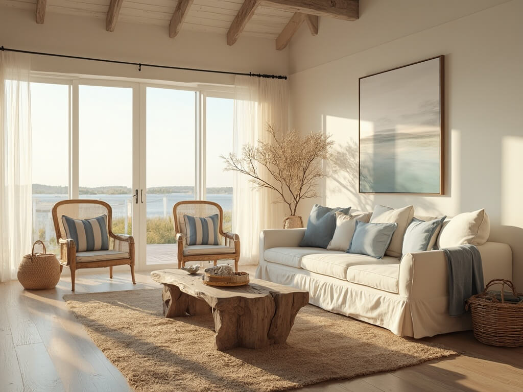 "Bright, airy coastal cottage living room with whitewashed ceiling, large windows, plush sofa, vintage furnishings, and coastal decorations during golden hour."