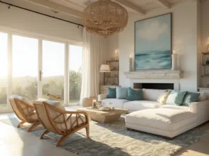 "Sophisticated coastal living room bathed in golden hour sunlight, featuring plush white sectional, rattan armchairs, driftwood coffee table, and large-scale seascape artwork on limestone fireplace."