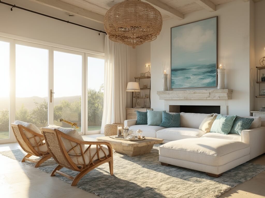 "Sophisticated coastal living room bathed in golden hour sunlight, featuring plush white sectional, rattan armchairs, driftwood coffee table, and large-scale seascape artwork on limestone fireplace."