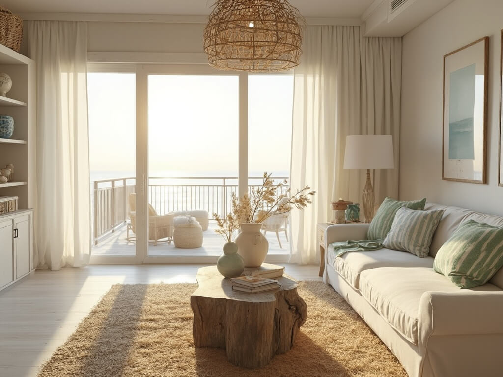 "Coastal living room with floor-to-ceiling windows, cream sofa, seagrass rug, and maritime décor during golden hour"